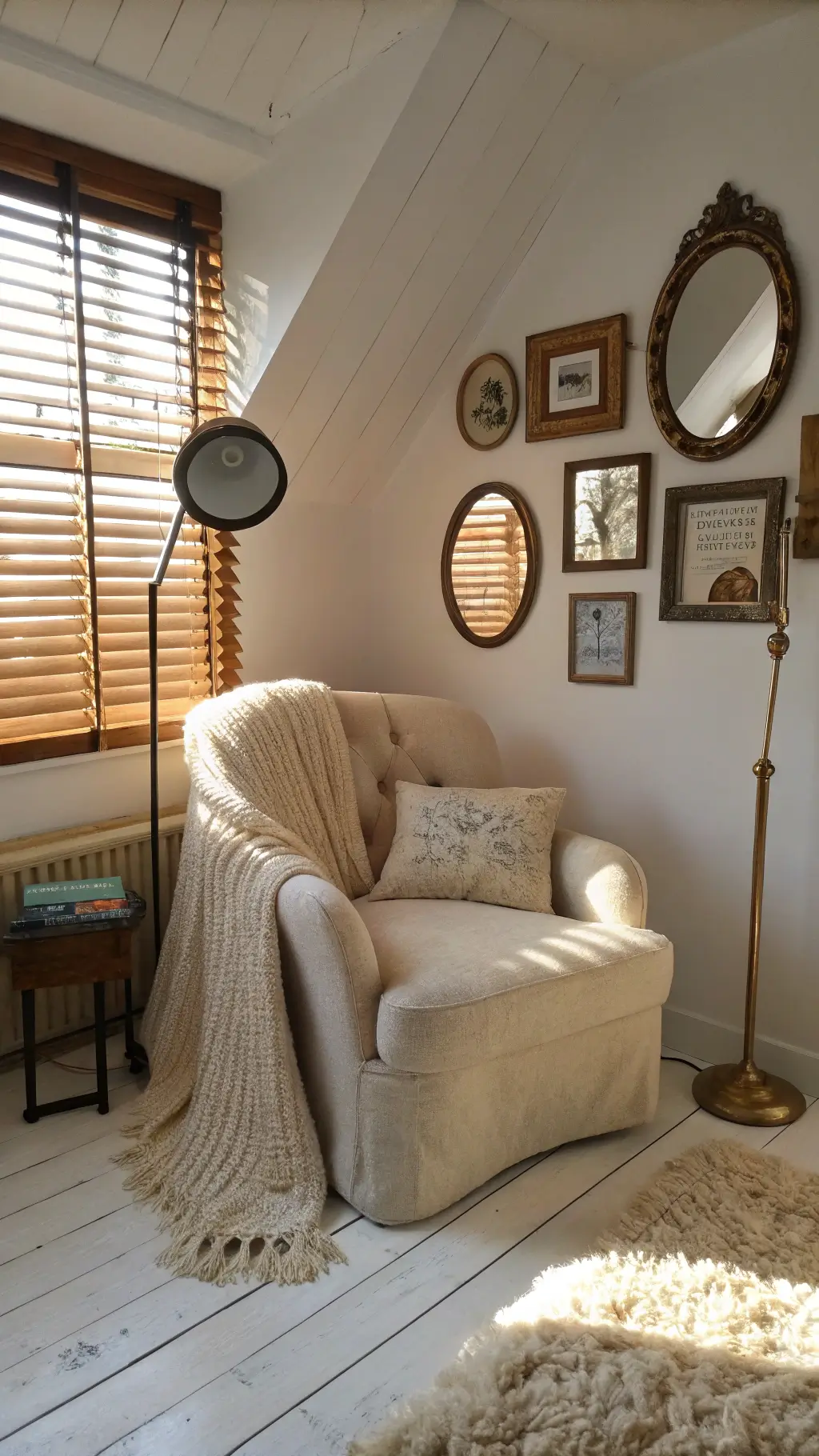 A cozy reading nook in a 12x14ft bedroom corner with an oversized cream boucle armchair beside a brass floor lamp. A soft mohair throw drapes over the chair. Late afternoon sunlight filters through wooden blinds, casting gentle shadows. A gallery wall of vintage mirrors reflects light. Plush ivory wool carpet meets white-painted wooden floorboards.