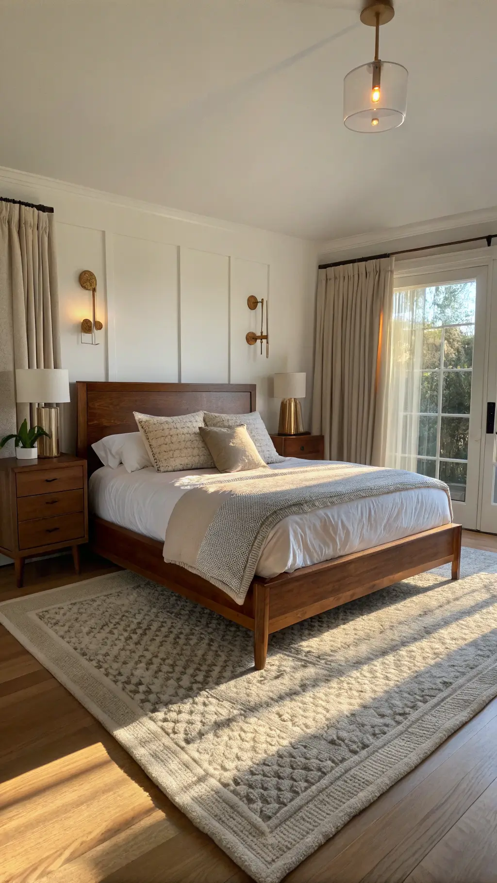 Primary bedroom with walnut bed, white linens, textured pillows, floating oak nightstands, brass sconces, and gauzy linen curtains filtering golden hour light.