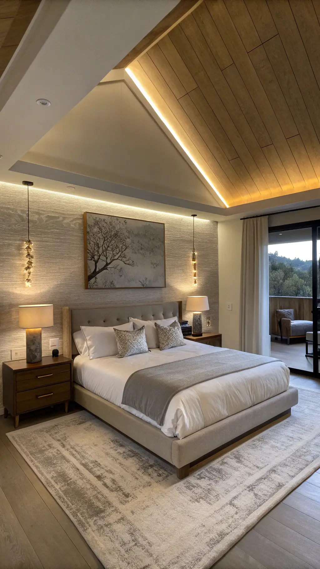 Minimalist master bedroom with platform bed in bleached oak, hotel-white linens, and floating nightstands. Soft dusk lighting with 2700K LED sconces. Abstract ecru-toned canvas above bed. Architectural ceiling detail visible, moody ambiance.