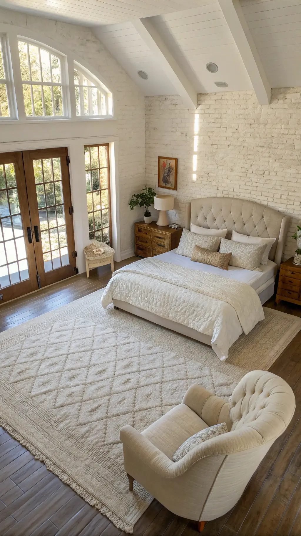 Bird's eye view of a 16x16 ft bedroom with a California king bed on an ivory wool rug, dressed in white textured bedding. Cream bouclé chairs form a seating area near French doors. A whitewashed brick accent wall adds texture. Natural fiber roman shades diffuse daylight. A vintage dresser holds handmade ceramic vessels of varying heights.
