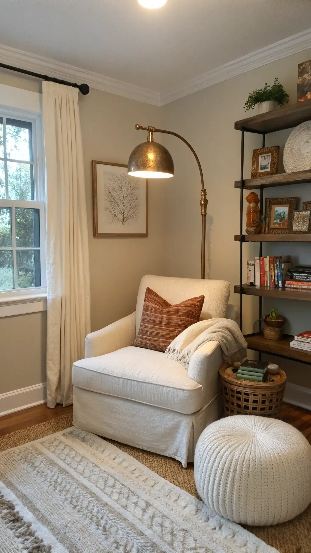 Cozy bedroom corner at twilight with an oversized cream linen armchair beside an antiqued brass floor lamp. A hand-knotted ivory wool rug layers over sisal flooring. A round side table holds a stack of art books topped with an alabaster sphere. Floating shelves display neutral pottery and dried botanicals against warm mushroom-toned walls.