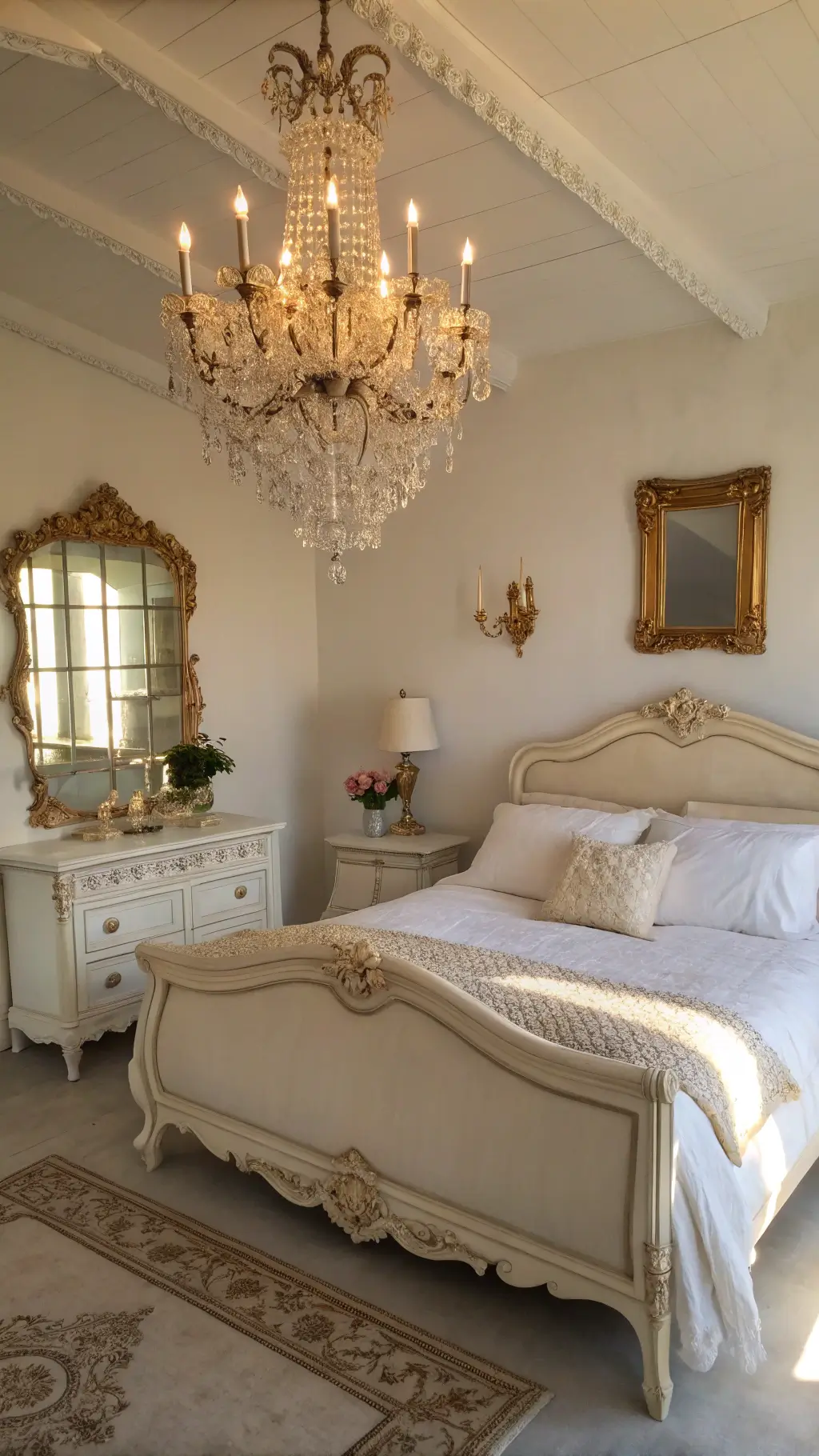 Vintage-inspired boudoir with a French provincial bed in chalk white, silk bedding, and lace trim. A crystal chandelier casts romantic shadows on pearl-white walls. An ornate gilded mirror reflects warm golden-hour light. An ivory velvet bench sits at the bed’s end, with white roses in a mercury glass vase nearby. Soft, dreamy ambiance with symmetrical composition.