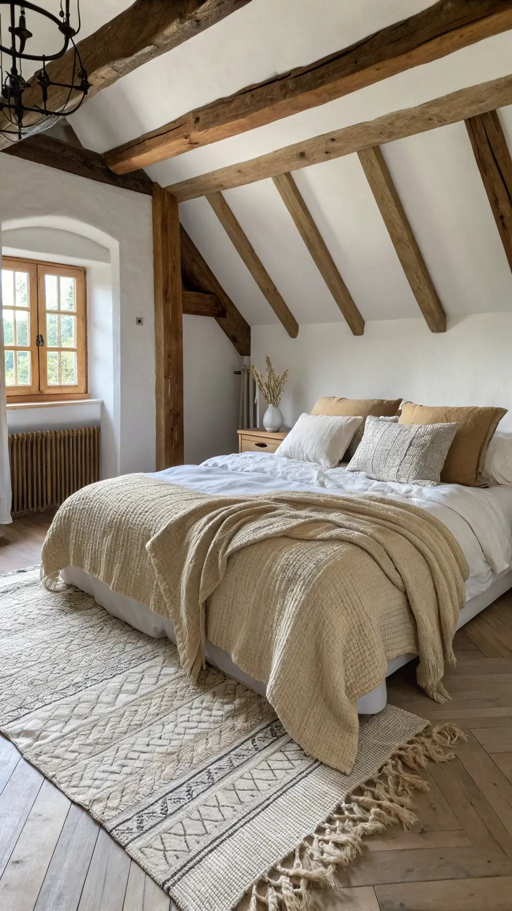 Sunlit bedroom with rumpled ecru cotton sheets, a warm white duvet, and layered linen cushions in neutral tones. A chunky oatmeal knit throw drapes casually. Distressed wood beams and a vintage Moroccan rug add rustic charm over white oak herringbone floors.