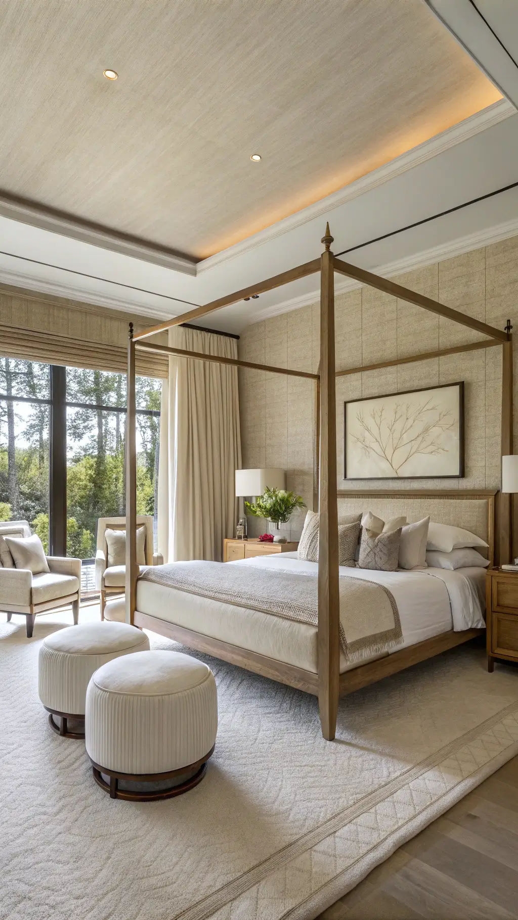 Primary suite at golden hour with a statement bleached oak canopy bed, cream linens, curved bouclé chairs, oversized neutral abstract art, textured grasscloth wallpaper, and layered window treatments with roman shades and silk panels.