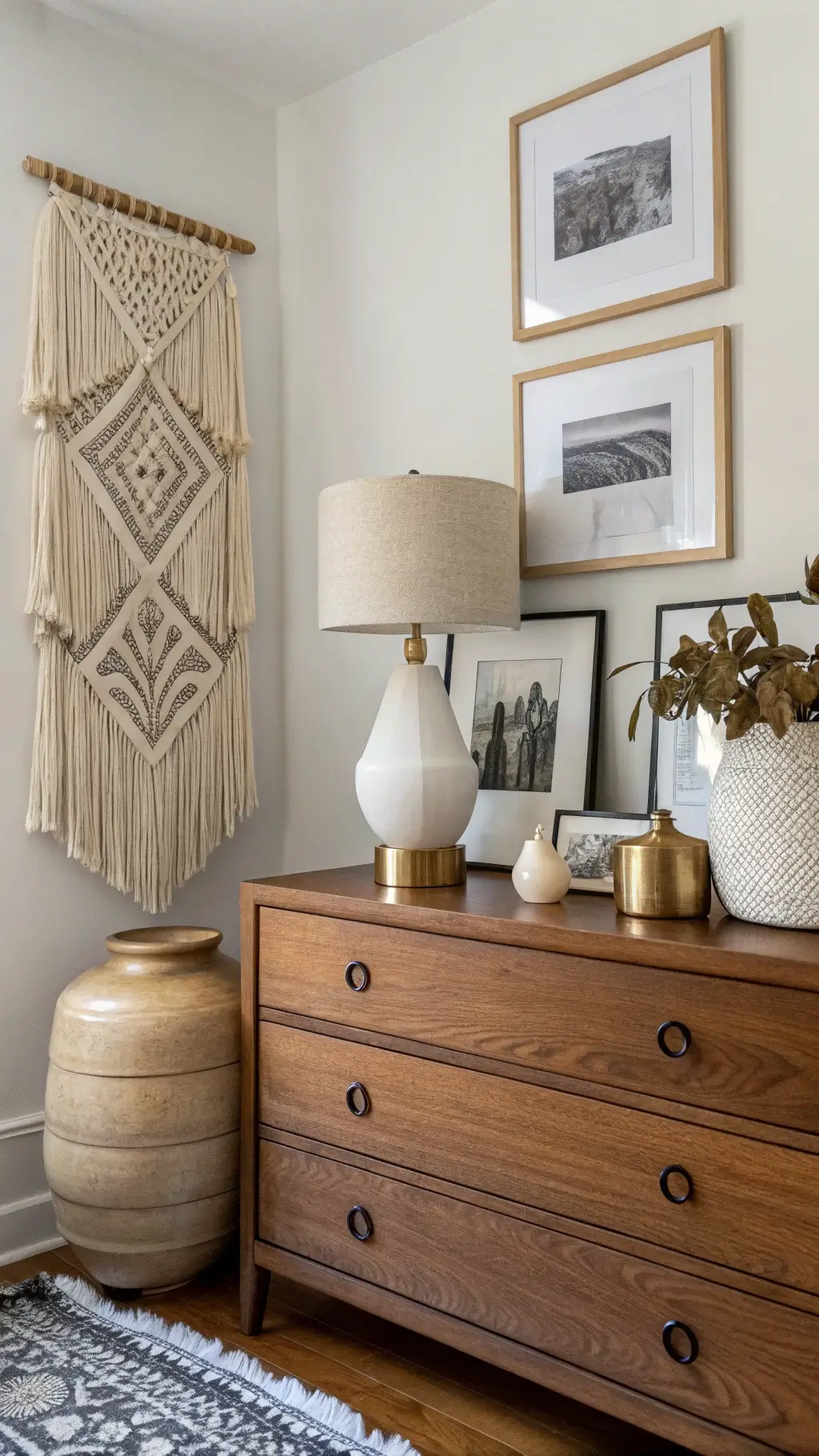 Vintage oak dresser in a 12x14ft bedroom styled with ceramic vessels, brass objects, and black-and-white photography in floating frames. A handwoven wall hanging adds texture, while a ceramic table lamp casts soft task lighting, emphasizing intentional negative space.