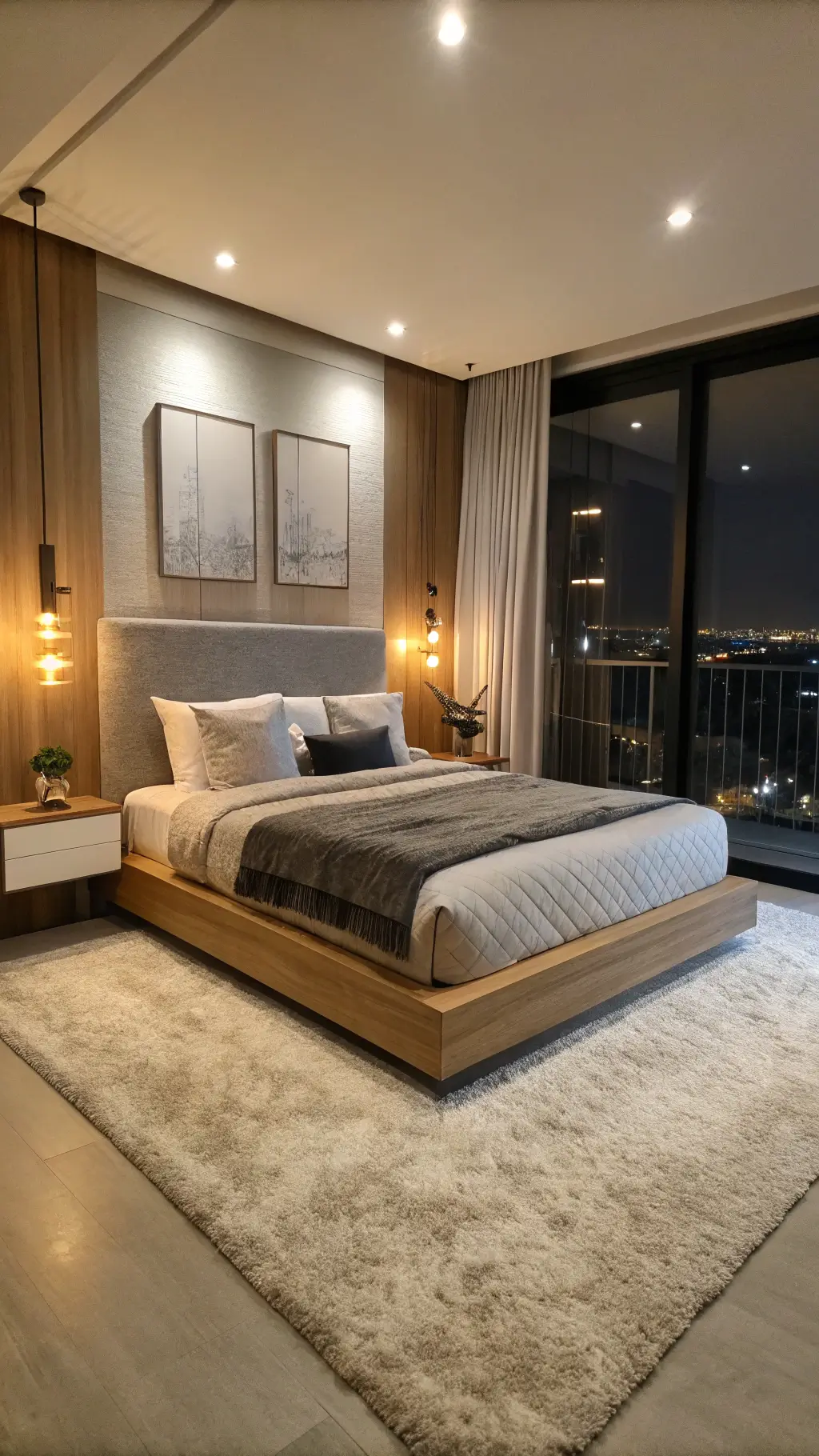 Low-angle view of a modern 16x18ft bedroom at night with a light oak platform bed and integrated nightstands, illuminated by contemporary sconces. Monochromatic greige bedding, ivory wool carpet, and black and brass accents create a sophisticated ambiance. Sheer drapery filters city lights.