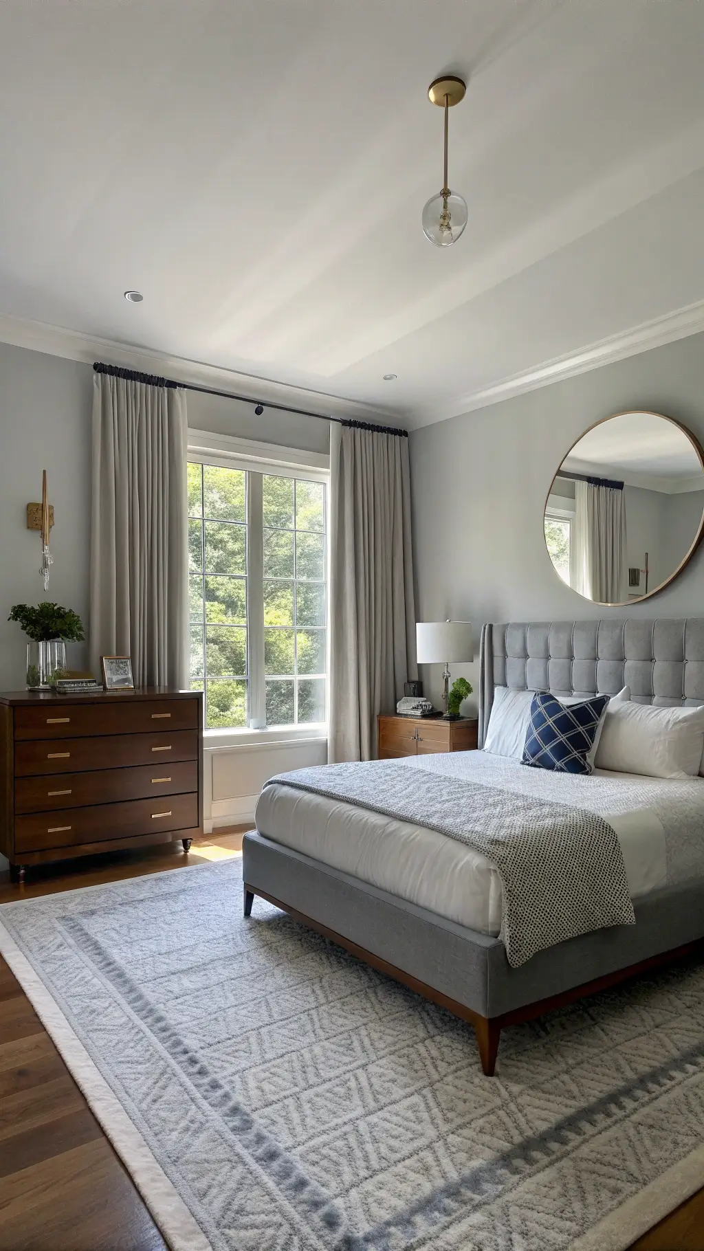 Cozy master bedroom with early morning sunlight filtering through sheer curtains, featuring a gray upholstered platform bed, floating walnut nightstands with brass sconces, and a large round mirror reflecting natural light. Under-bed storage and a tall bleached oak dresser provide organization.