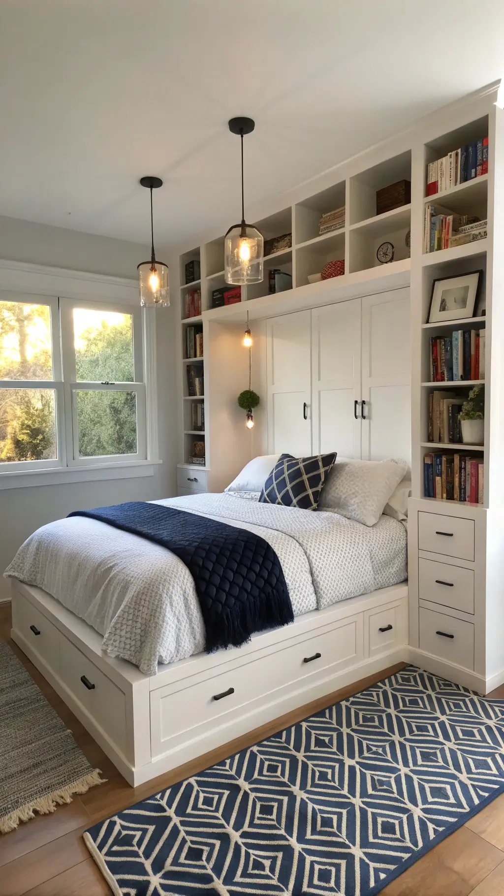 Compact bedroom with floor-to-ceiling white bookcases, a queen platform bed with storage, layered white and navy bedding, staggered pendant lights, and a geometric rug, bathed in late afternoon light.