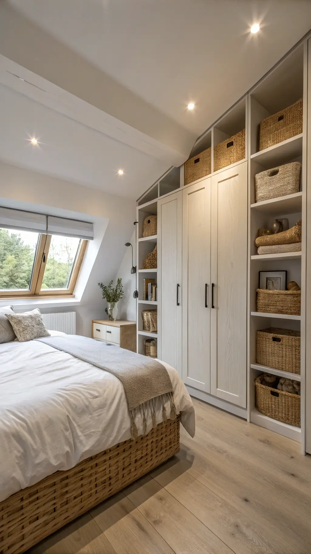 Scandinavian-style bedroom with custom floor-to-ceiling wardrobes, a low-profile linen-draped bed, and woven baskets for storage. Soft twilight and warm lighting highlight bleached wood tones and sheer window panels.