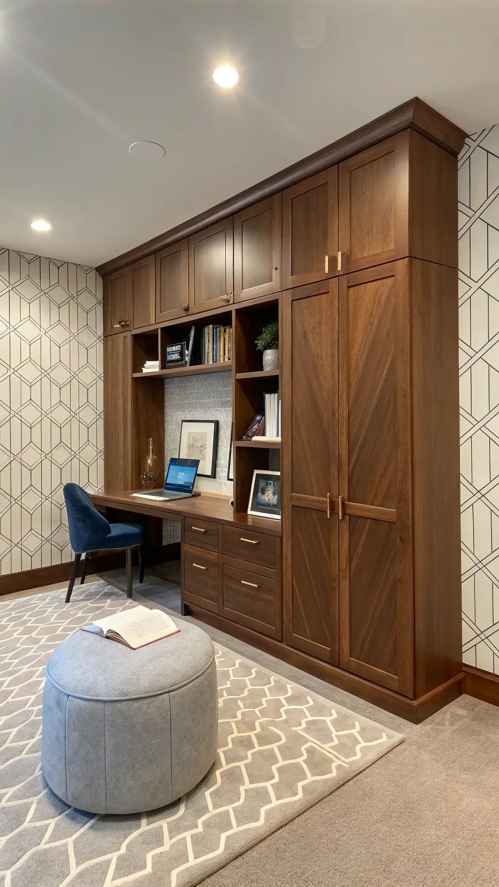 Multifunctional room with a Murphy bed system, integrated desk, and storage in a 10x14ft space. Warm walnut shelving surrounds the closed bed, with a performance velvet ottoman for seating and storage. Geometric wallpaper adds depth. Corner view highlights transformation potential with even lighting and soft shadows.