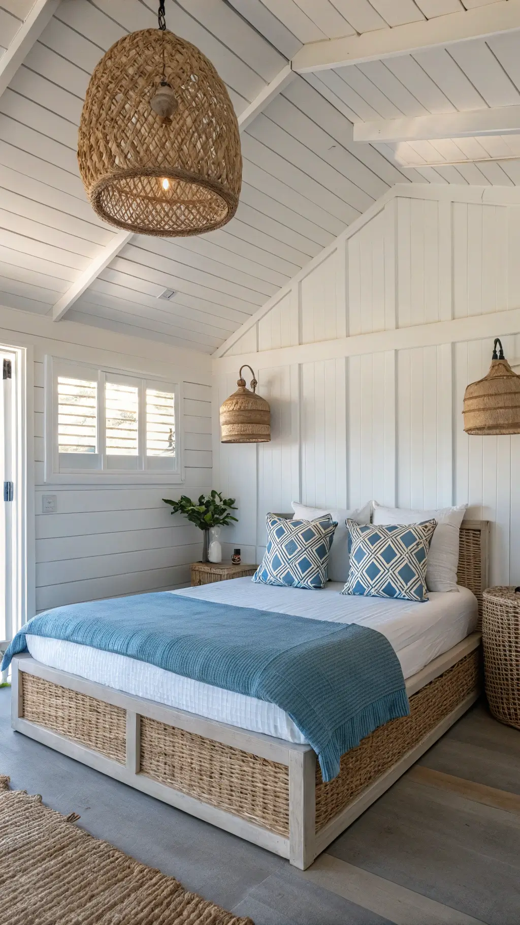 Coastal-themed compact bedroom with whitewashed shiplap feature wall, rattan accents, and a low platform bed with blue linens. Woven pendant lights hang beside the bed, enhancing the airy, serene aesthetic.