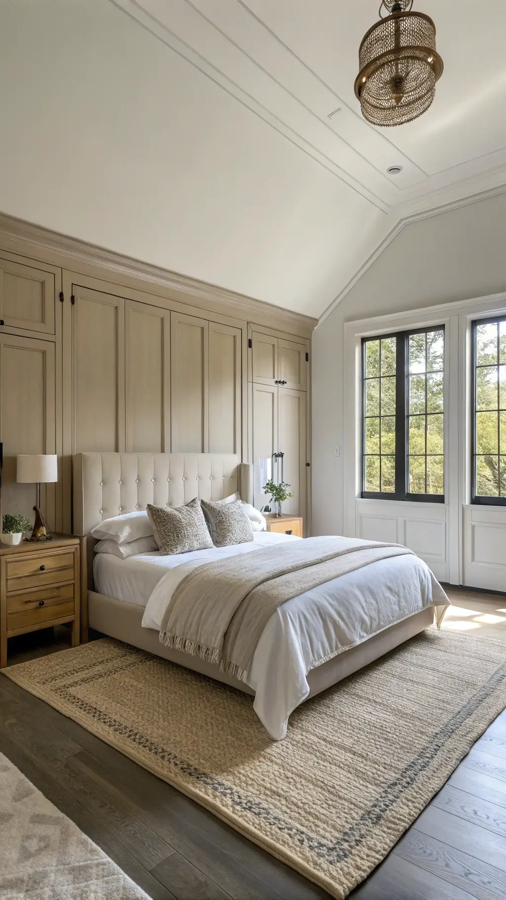 Corner view of a minimalist primary bedroom at golden hour, featuring 12ft ceilings with crown molding, a built-in greige wardrobe, a queen bed with an ivory linen duvet, a white ceramic table lamp, polished concrete floors, and a jute rug. Warm western light casts dramatic shadows, enhancing the elegant and timeless atmosphere.