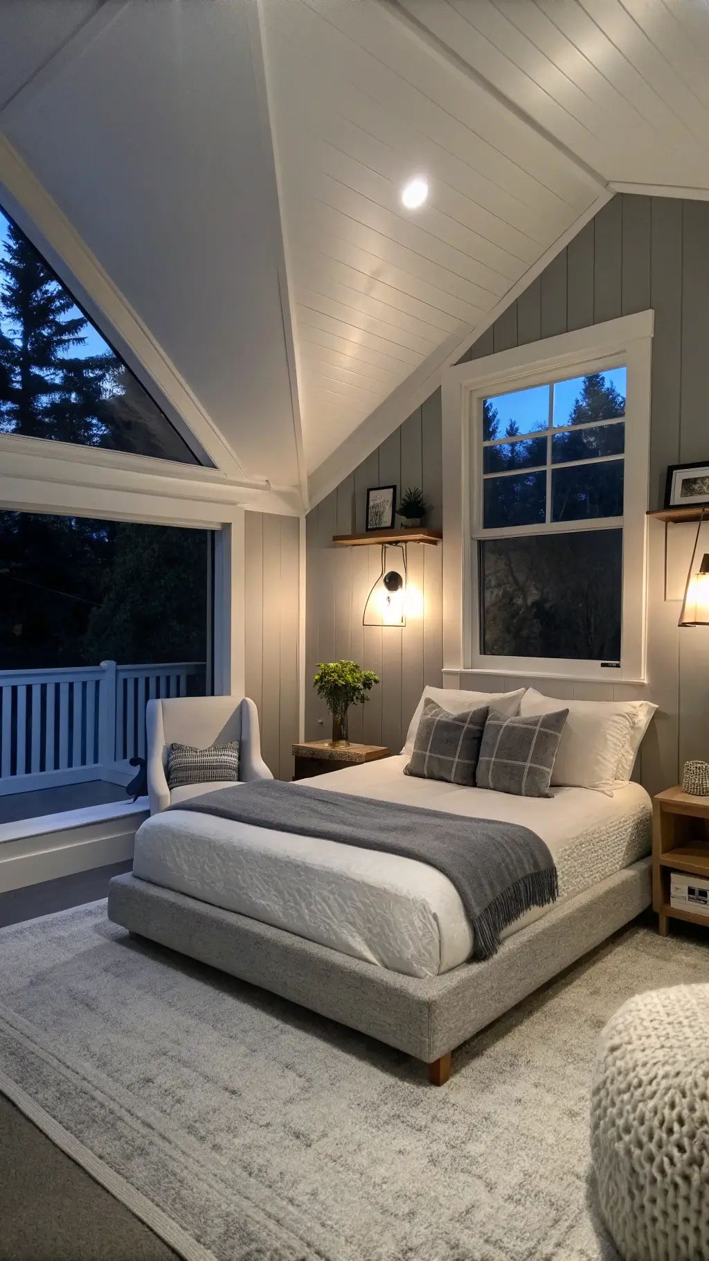 Minimalist 10x12ft guest bedroom at dusk with monochromatic gray tones, white trim, and a floating platform bed in stone-washed gray linen. Wall-mounted sconces provide warm lighting, complementing the cool evening light. A floating shelf holds essentials, and a white boucle accent chair adds texture in the corner. Cozy, serene, and inviting atmosphere.