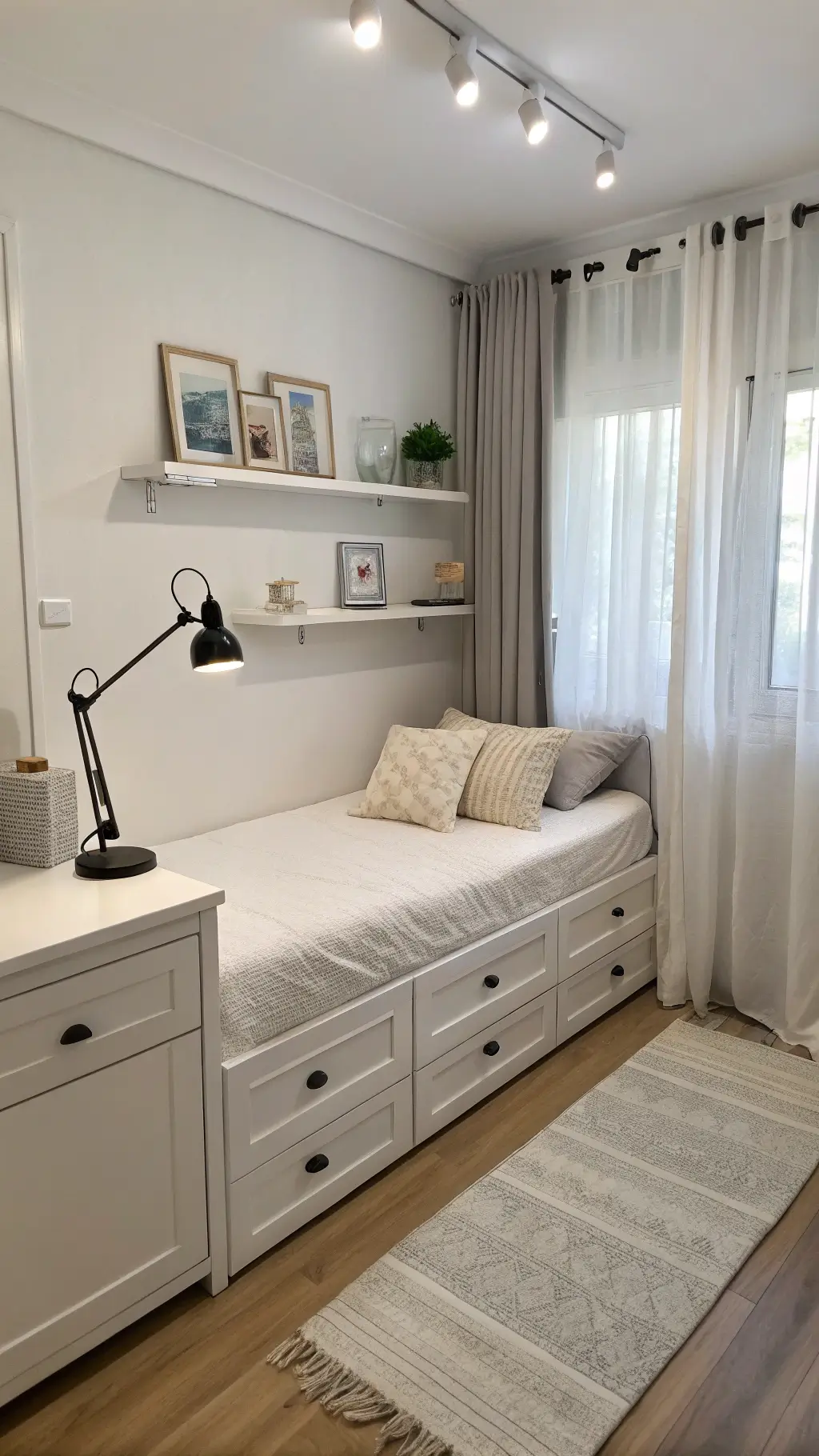 Compact 8x10ft minimalist bedroom studio with white textured walls, a twin bed with storage drawers, cloud-white linens, a wall-mounted swing arm reading light, and a floating desk doubling as a nightstand. Soft morning light filters through sheer curtains, creating a peaceful and efficient atmosphere.