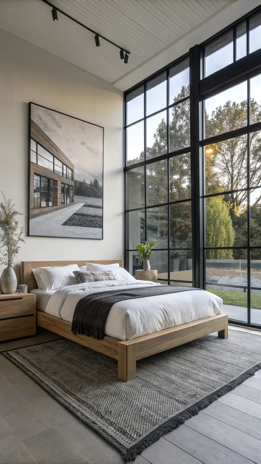 Modern minimalist bedroom with large black steel-framed windows, a bleached oak platform bed with white linen bedding, and a bold black-and-white abstract photograph above. A charcoal wool rug grounds the space, with handcrafted ceramic vessels on a floating shelf. Dramatic late afternoon light casts geometric shadows.