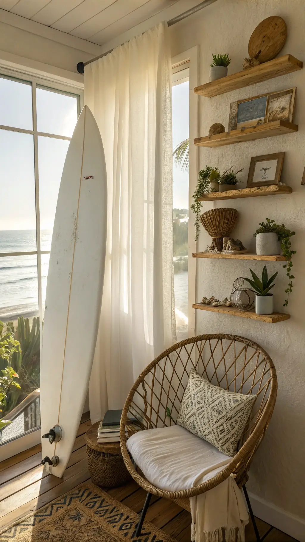 Beachside bedroom nook at dawn with a vintage surfboard, floating shelves displaying shells and air plants, and a rattan peacock chair with a cream cushion. Gauzy curtains billow in soft morning light, highlighting organic textures.