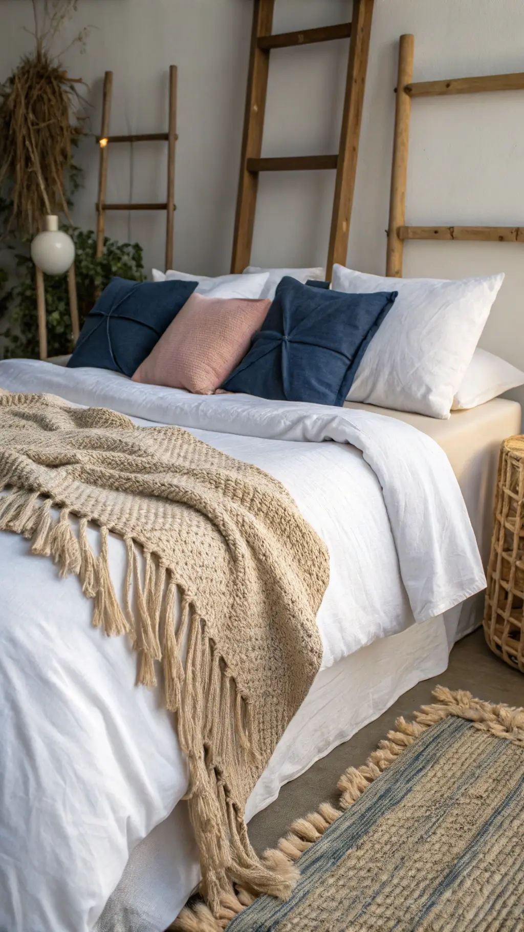 Close-up of a stylishly layered bed with a white linen duvet, sand-toned knit throw, indigo batik pillows, and blush linen shams. A bamboo ladder with textured throws leans nearby, with soft afternoon light casting shadows on the fabrics.
