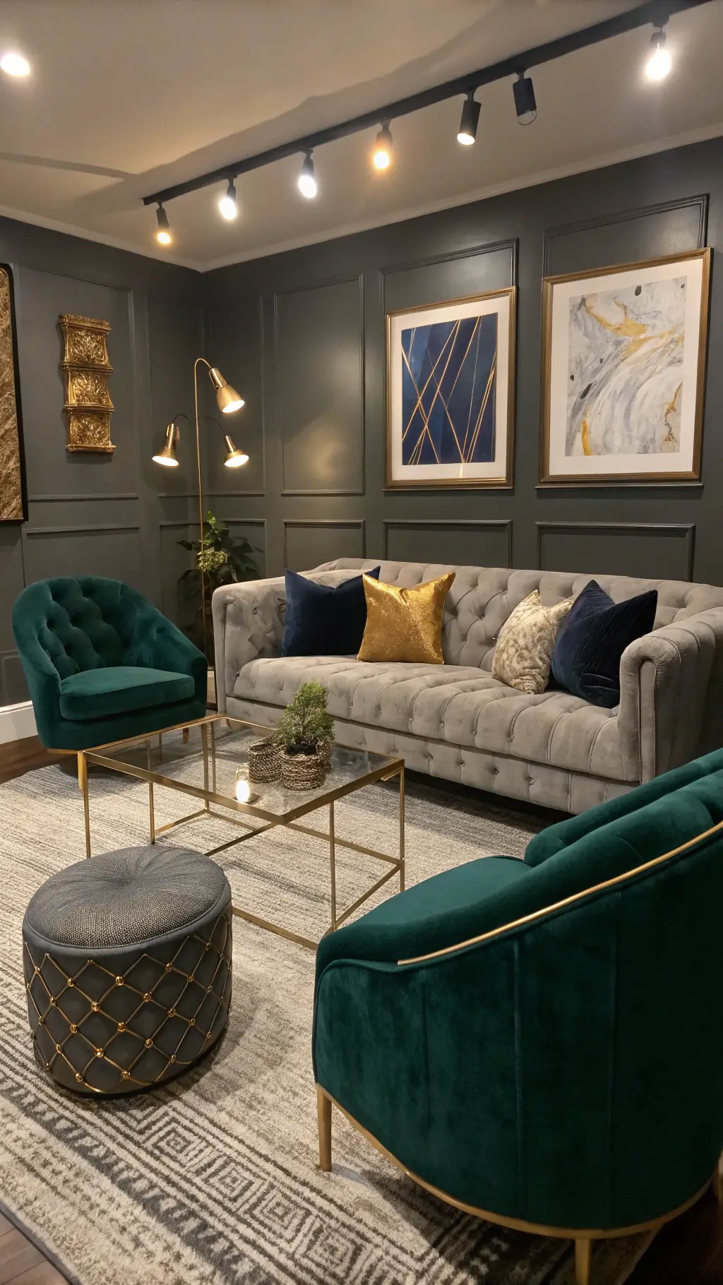 Modern 15x18ft living space with moody evening lighting, featuring a slate gray tufted sofa, emerald velvet chairs, and a brass-framed glass coffee table. Warm greige walls display navy and gold abstract art. Layered textures include silk pillows, a plush Moroccan rug, and woven leather poufs, with dramatic track lighting enhancing the rich material contrasts of glass, metal, and fabric.