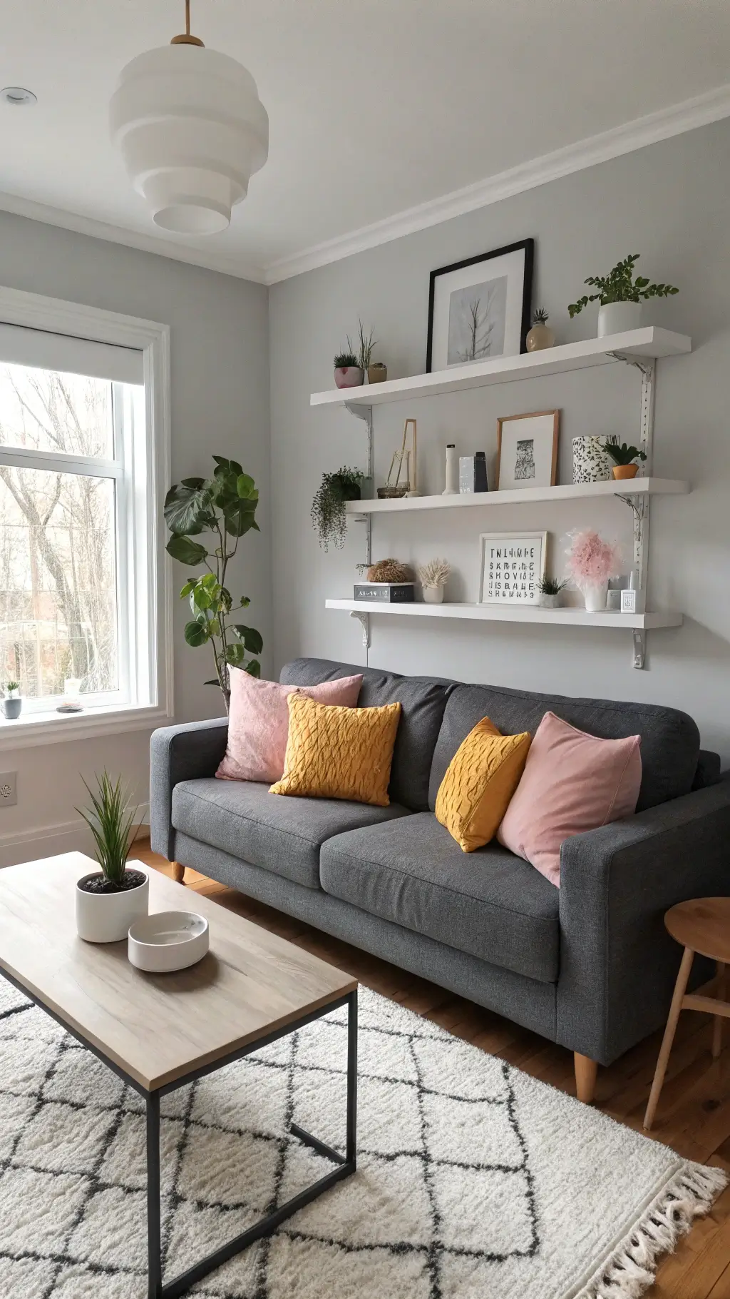 Scandinavian-inspired 16x20ft living room with soft morning light. Minimalist dark gray sofa adorned with blush pink pillows and a mustard yellow throw. White oak floating shelves on pale gray walls display ceramics. White sheepskin throws, matte black lighting, and potted succulents on a concrete coffee table enhance the clean-lined, geometric arrangement.