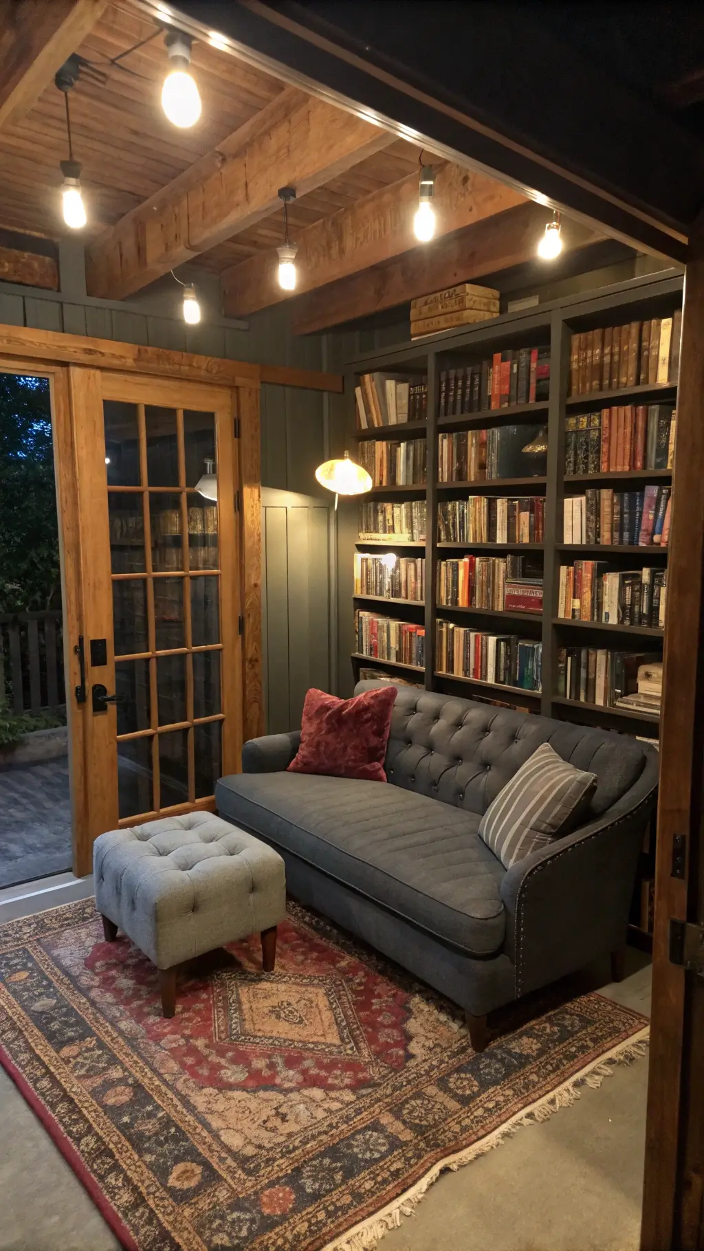 Cozy reading nook with a charcoal gray loveseat, illuminated by pendant lights. A vintage Persian rug in muted jewel tones anchors the space, framed by floor-to-ceiling weathered oak bookshelves. Velvet ottoman, antiqued brass reading lamp, and stacked leather-bound books add warmth. Evening setting with rich textures and intimate lighting.