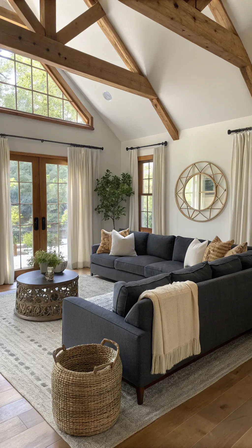 Sunlit great room with exposed wooden beams, dark gray sectional, cream linen curtains, metallic accents, oversized mirror reflecting trailing plants, and textured neutral decor.