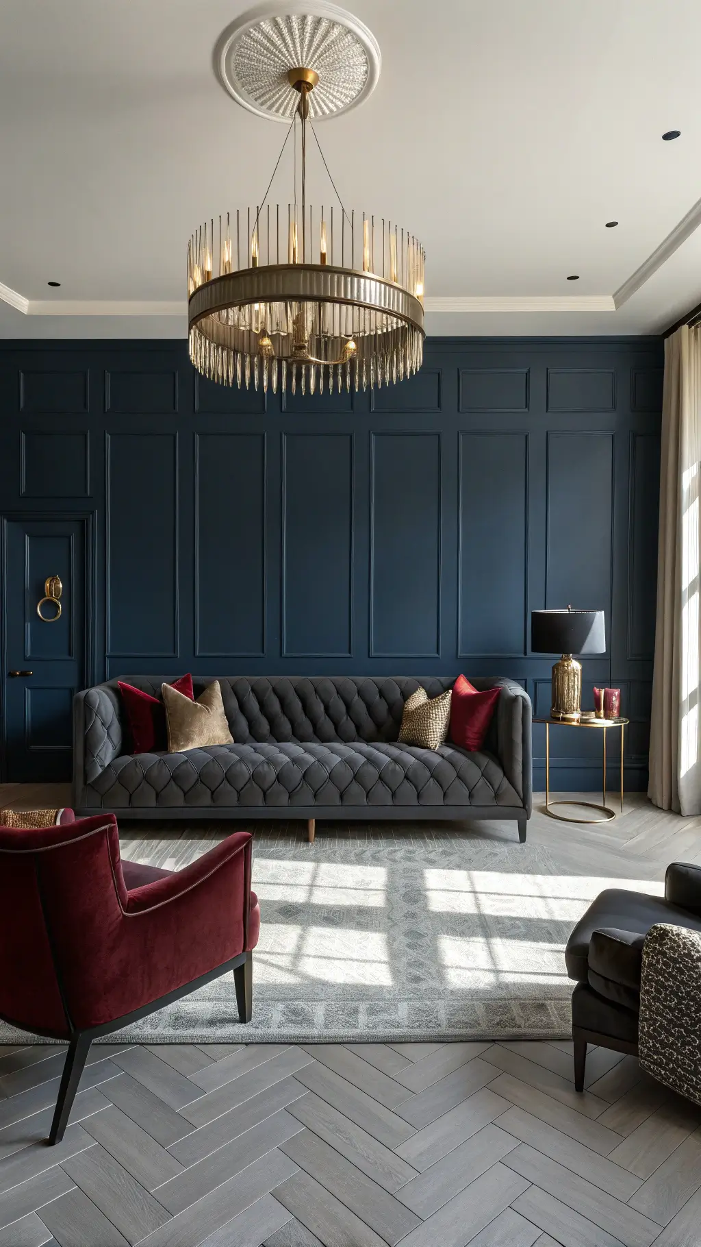 Contemporary living space with dark gray channel-tufted sofa against a deep navy grasscloth statement wall. Overhead chandelier casts dramatic shadows on white oak herringbone floors. Fall décor includes burgundy velvet pillows, bronze accessories, and rich leather accent chairs. Moody lighting highlights texture variations.