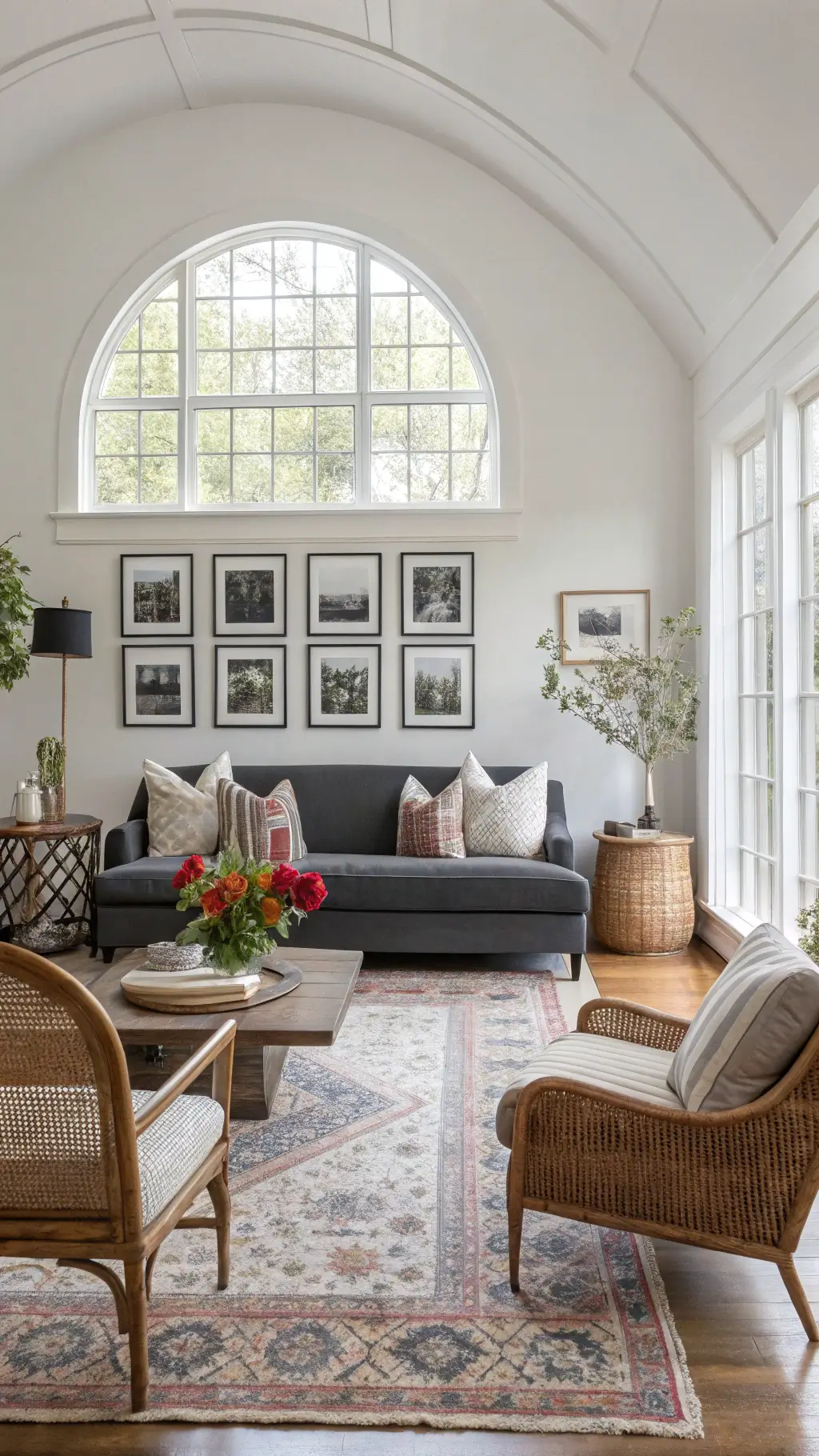 Transitional 16x18ft sitting room with a dark gray English roll-arm sofa beneath an arched window. Natural light highlights a mixed seating arrangement, including vintage cane chairs. A collected gallery wall displays black and white photography in varied frames. Layered rugs and textures complement spring styling with fresh flowers, linen throws, and a blend of vintage and modern accessories.
