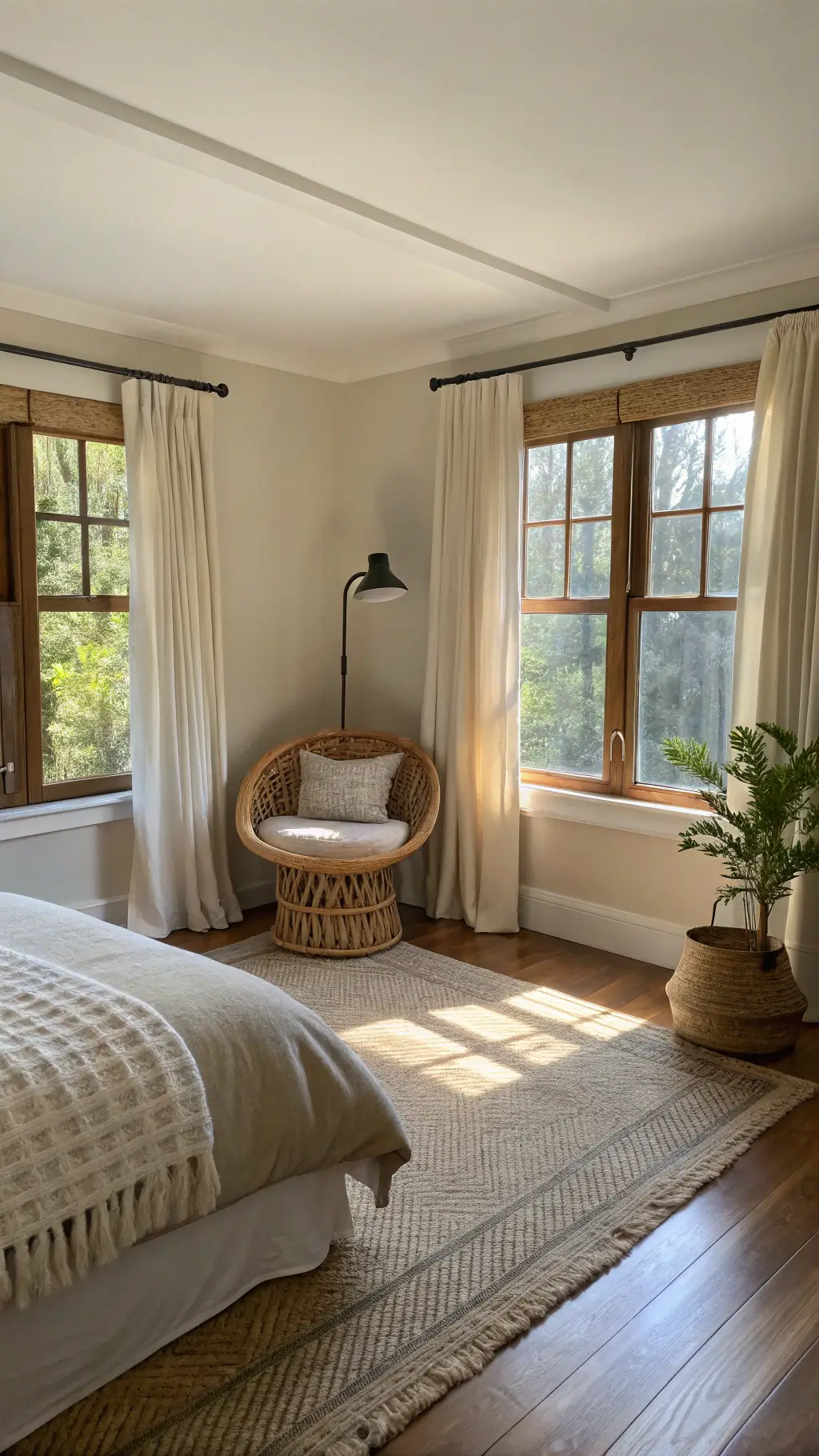 Wide-angle shot of a serene bedroom with sage, cream, and natural wood tones. Sunlight filters through linen curtains, casting soft shadows on a jute rug. A woven accent chair with a floor lamp forms a cozy reading nook. The elevated corner perspective showcases the room’s spacious layout in crisp detail.