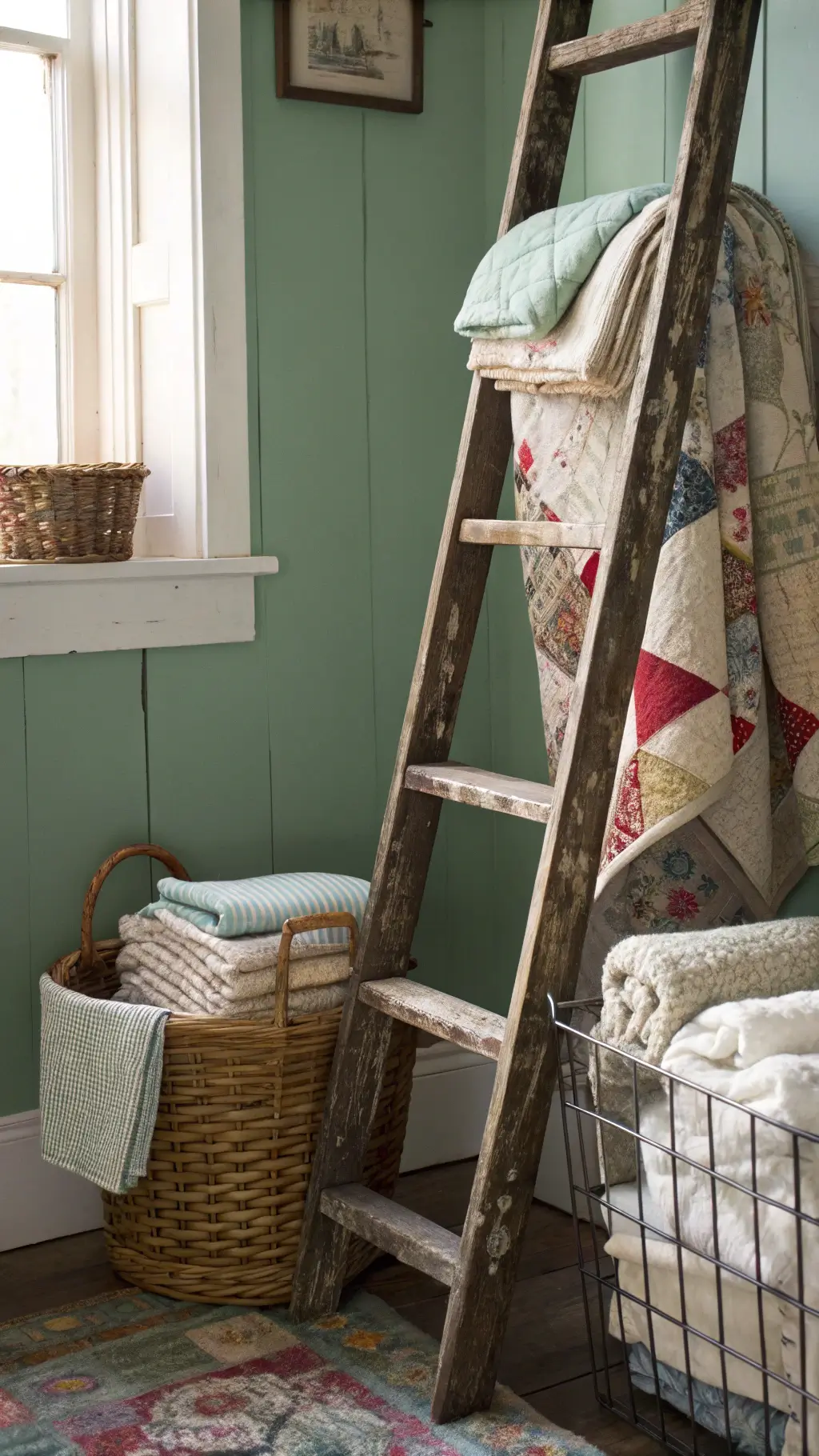 Weathered wooden ladder with handmade quilts, wire baskets with linens, and woven hamper against a sage green wall in soft late morning light.