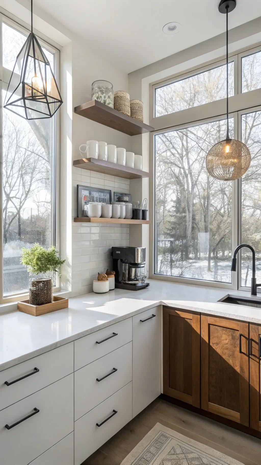 A modern coffee bar nook in an 8x6 ft kitchen corner, illuminated by floor-to-ceiling windows. A matte black coffee maker sits on a sleek white quartz countertop, flanked by geometric glass storage containers. Floating walnut shelves hold minimalist white ceramic mugs. Stainless steel accents reflect light, and a concrete pendant lamp adds an industrial touch. Gentle morning shadows enhance the depth of the space.