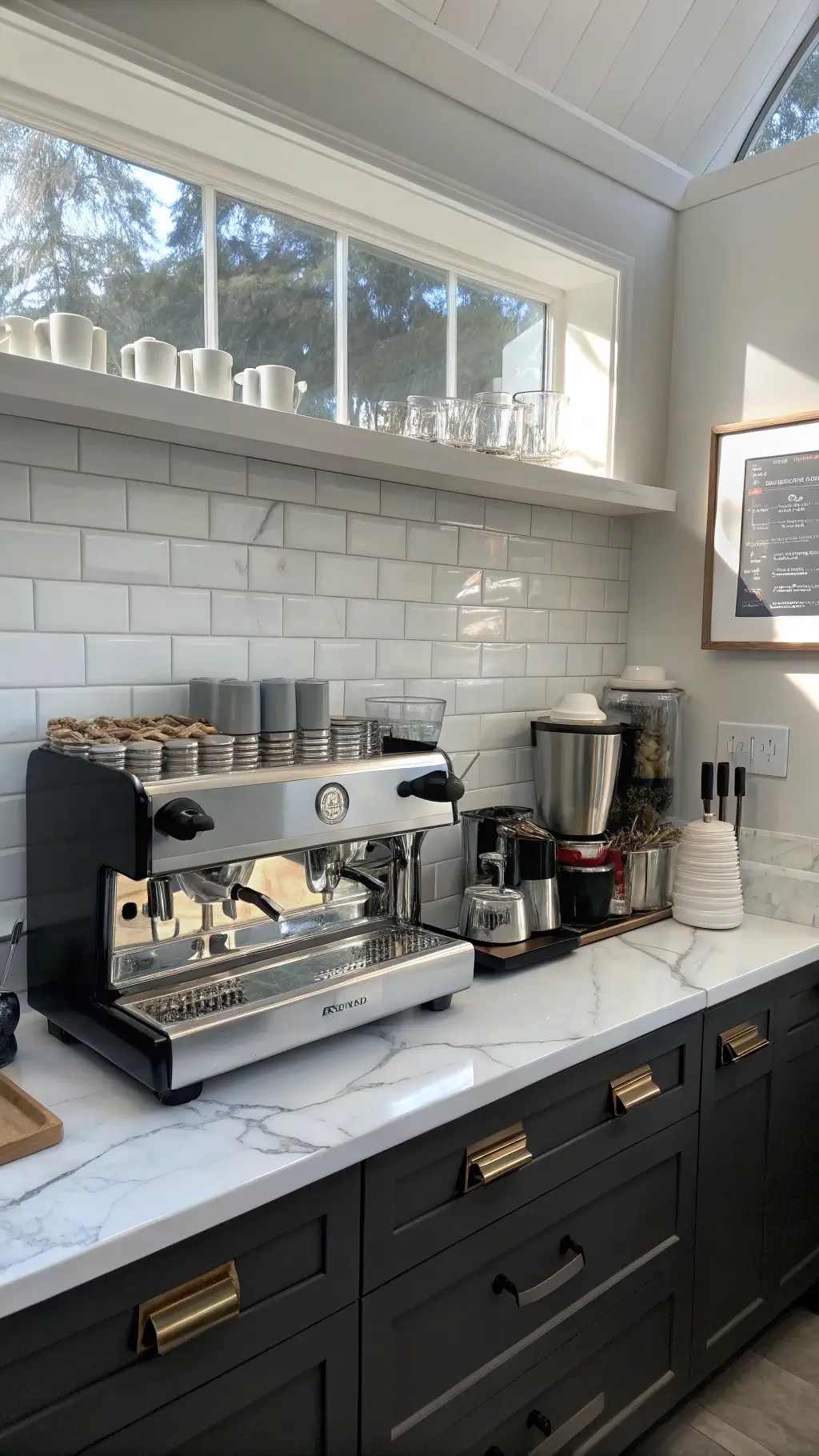 Professional coffee station in a 10x8ft kitchen alcove, illuminated by cool morning light from a skylight. A commercial-style espresso machine sits on a marble countertop, surrounded by organized zones: a prep area with a scale and grinder, a service section with neatly arranged portafilters, and a storage area displaying methodically arranged tools. Stainless steel accents complement the monochromatic color scheme. Shot from an elevated front angle to highlight the workflow layout.