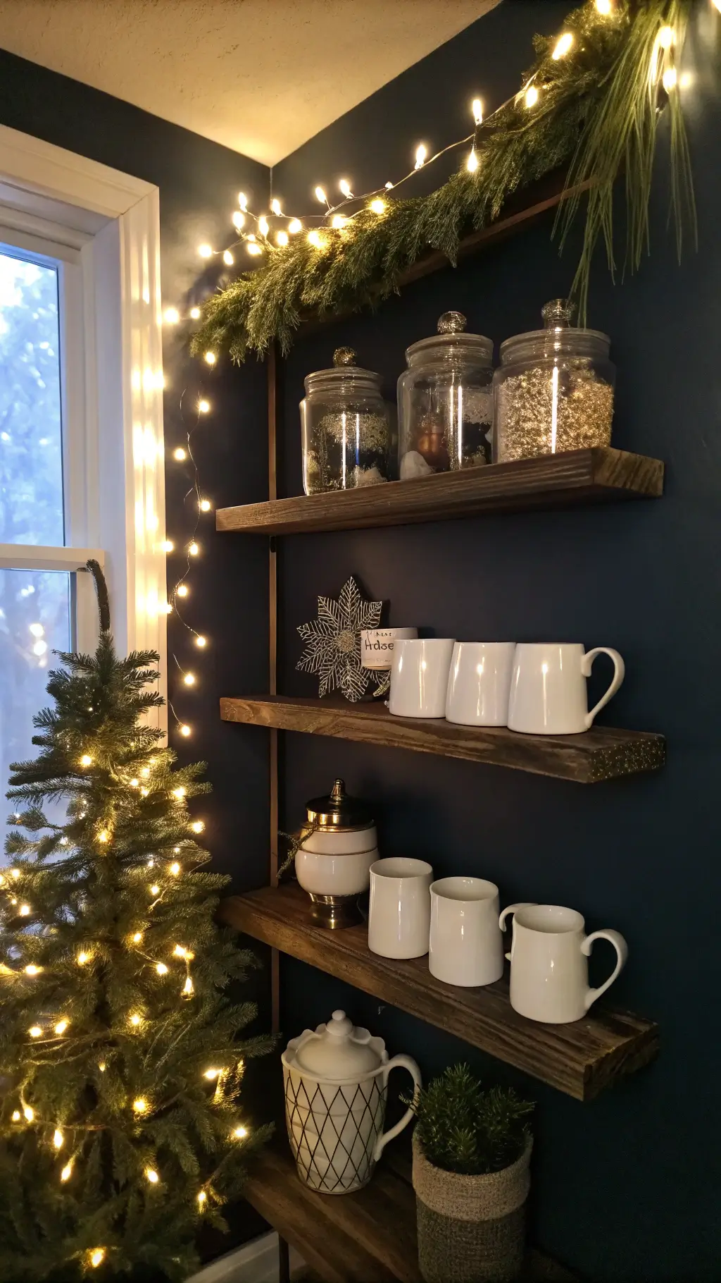 Cozy winter coffee nook with warm LED string lights reflecting off mercury glass and metallic accents. White ceramic mugs on dark wooden floating shelves against a dark navy wall. Chunky knit textures and evergreen sprigs add seasonal warmth. Evening setting with bokeh effect from fairy lights creates an intimate atmosphere. Low-angle shot enhances the cozy feel.