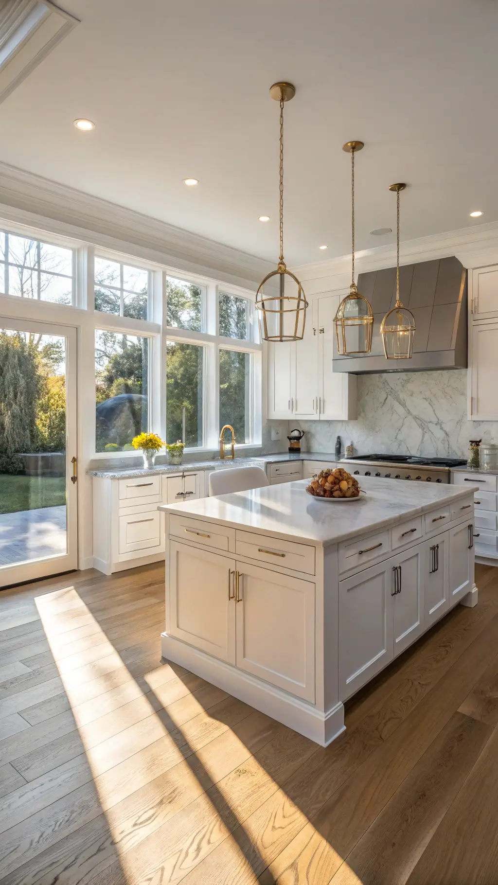 Modern kitchen with white Shaker cabinets, gray quartz island, and Carrara marble backsplash lit by golden hour sunlight through floor-to-ceiling windows.