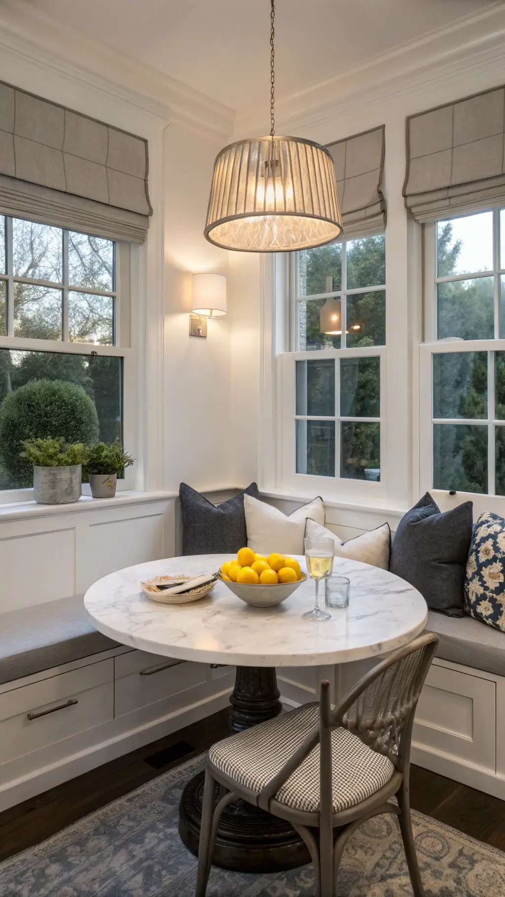Transitional kitchen breakfast nook with window seat, charcoal cabinets, marble table, and soft dawn lighting through roman shades.