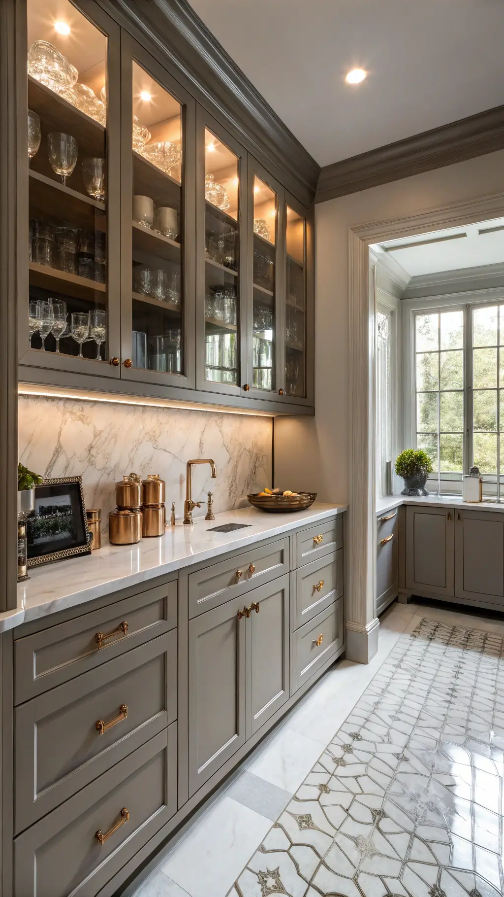 Moody butler's pantry with greige cabinets, white marble countertop, mirrored backsplash, and black-and-white geometric floor tiles.