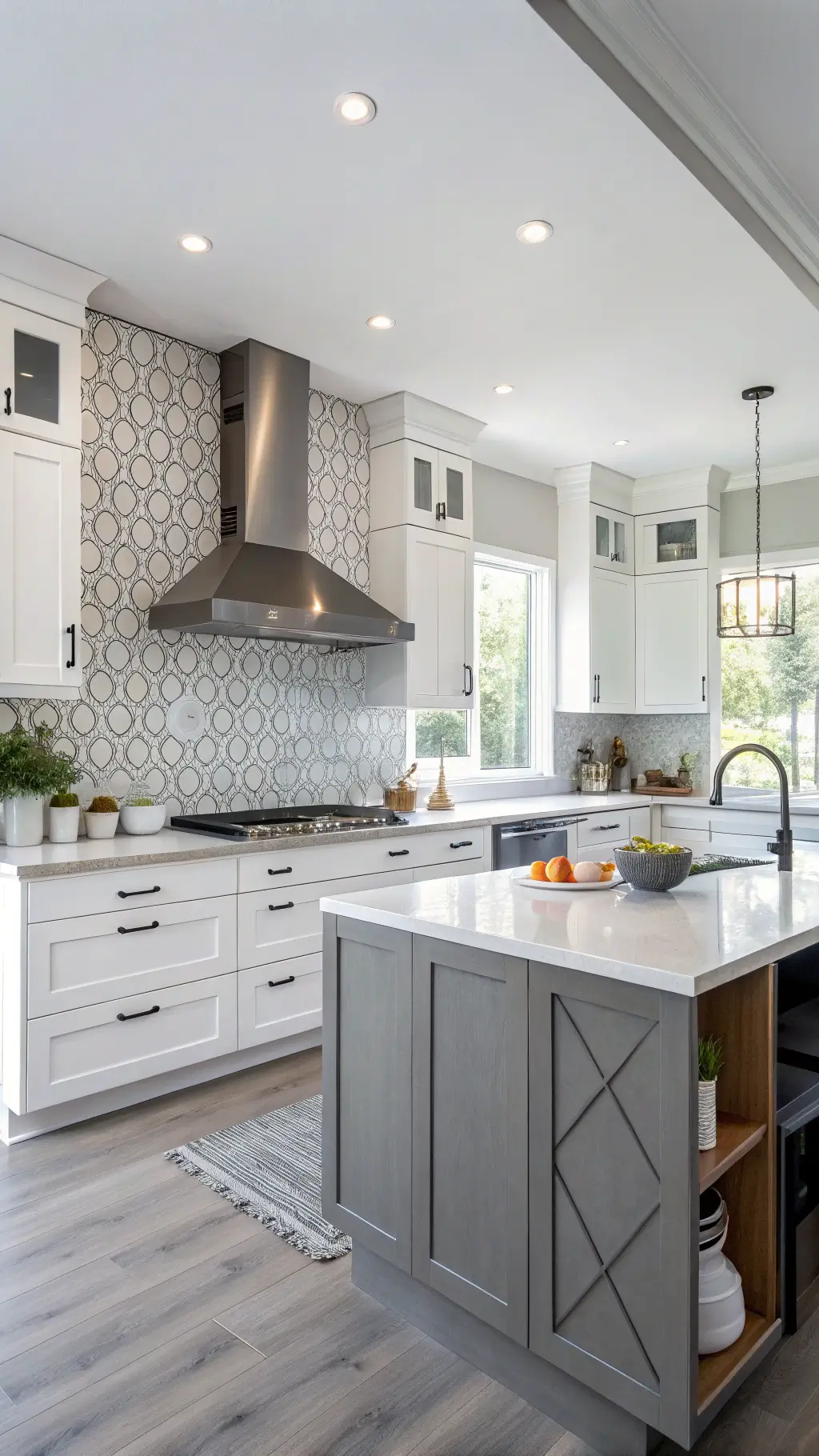 Minimalist kitchen with white upper cabinets, matte gray lower cabinets, quartz waterfall island, geometric backsplash, matte black range hood, open shelving with ceramic bowls, and mixed metal accents.