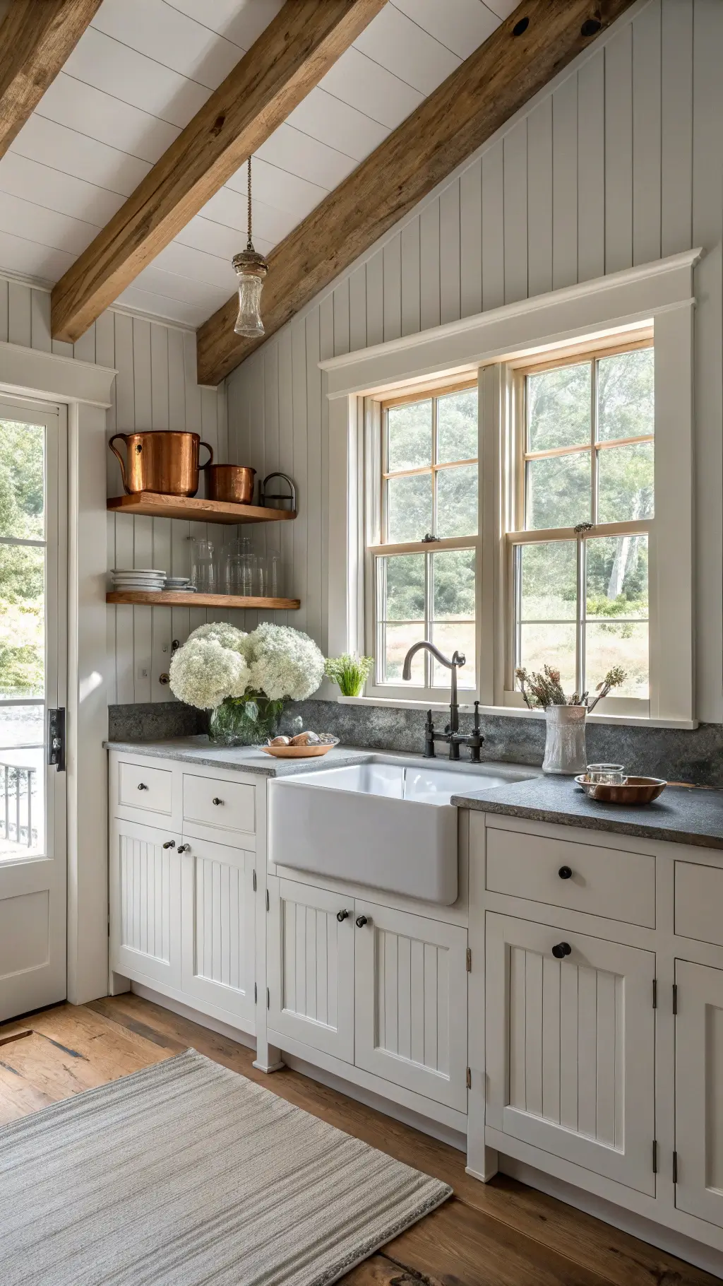 Cozy farmhouse kitchen corner with white beadboard cabinets, soapstone counters, porcelain sink, vintage accents, and morning sunlight filtering through mullioned windows.