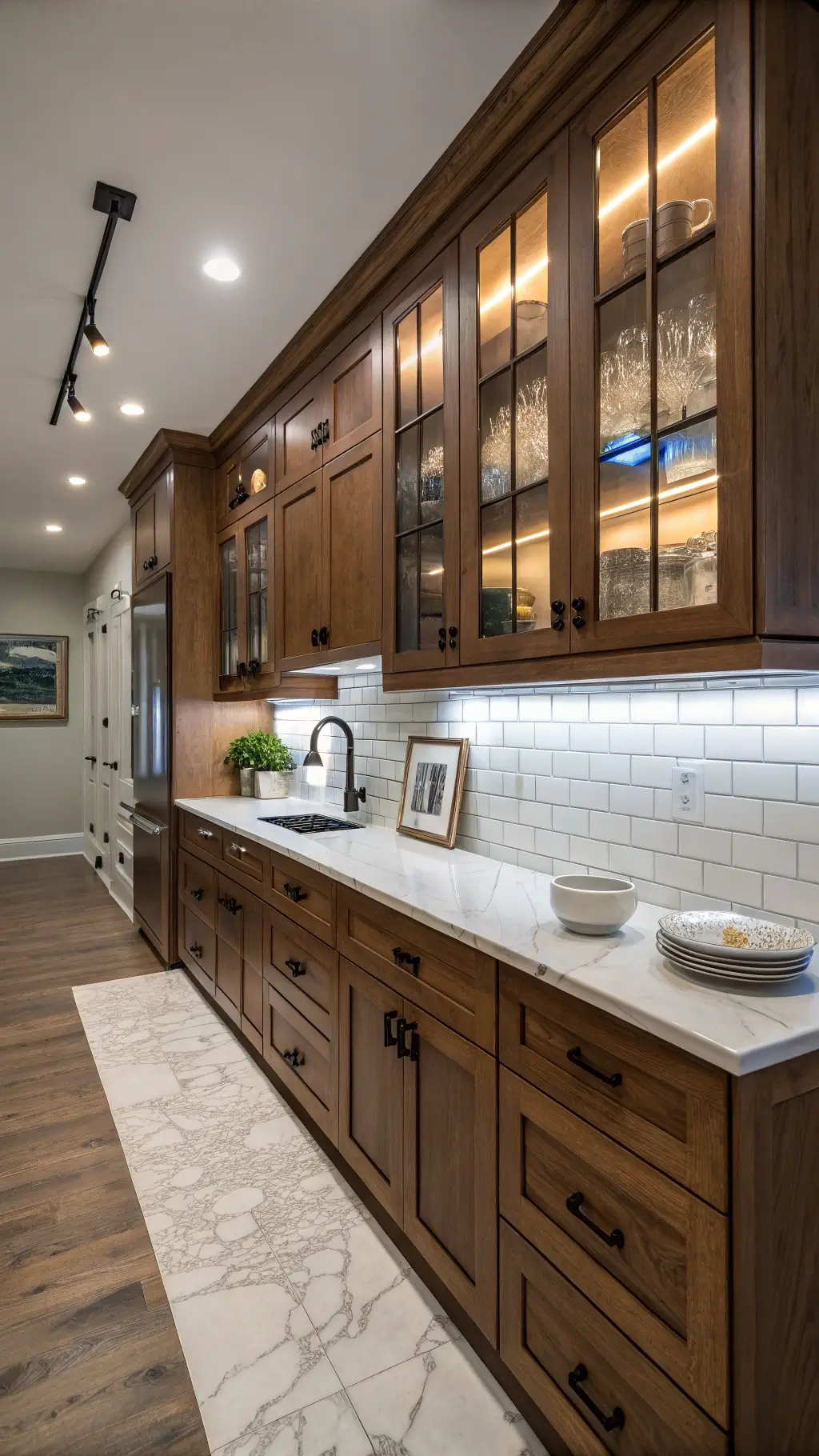 Blue hour photo of an 8x12ft galley kitchen with walnut cabinets, Carrara marble countertops, white subway tile backsplash, and under-cabinet lighting highlighting curated dinnerware in glass-front uppers.