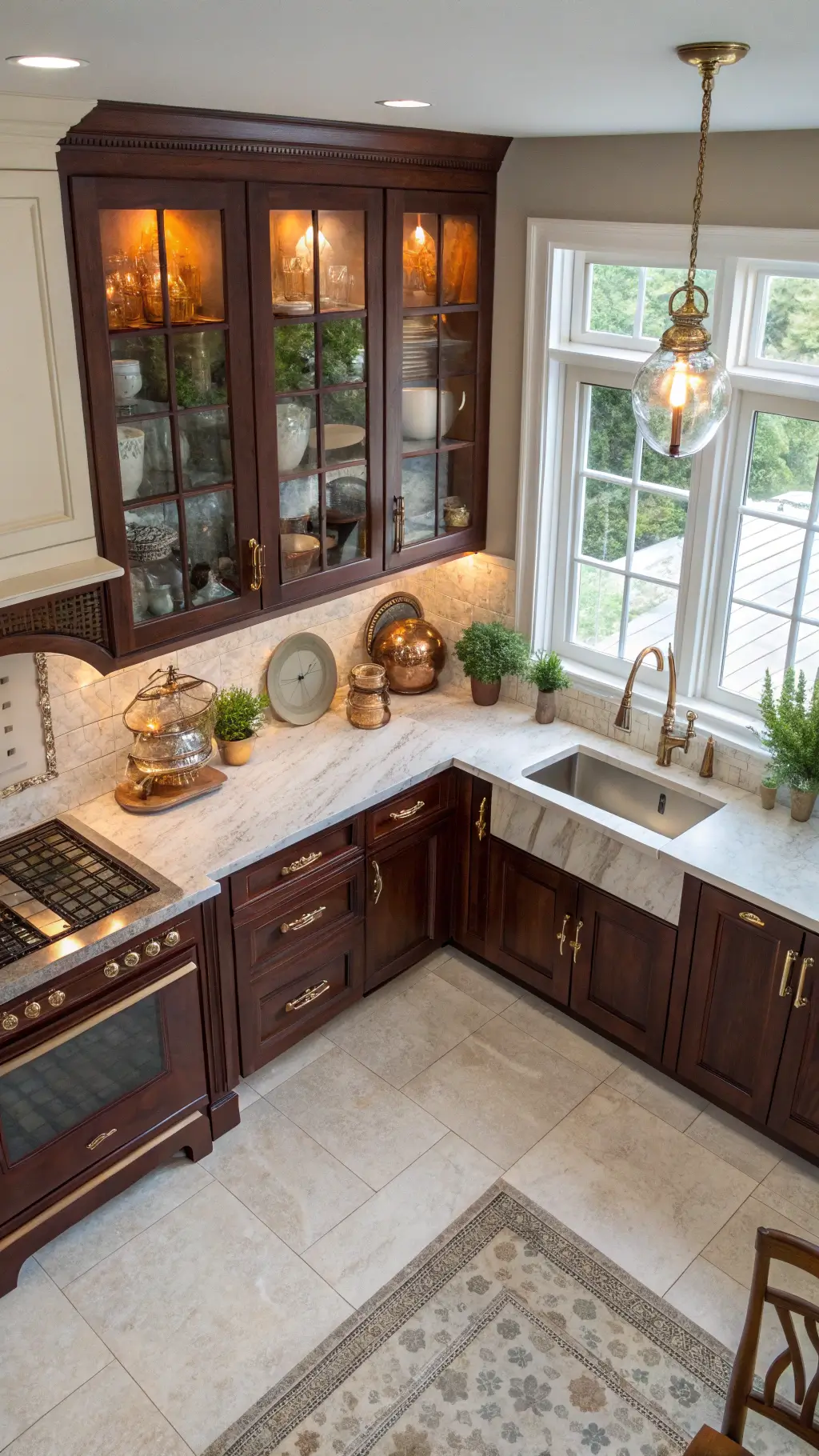 Corner kitchen with dark cherry cabinets, cream limestone surfaces, antique brass accents, and open shelves displaying copper cookware, shot from above in morning light.