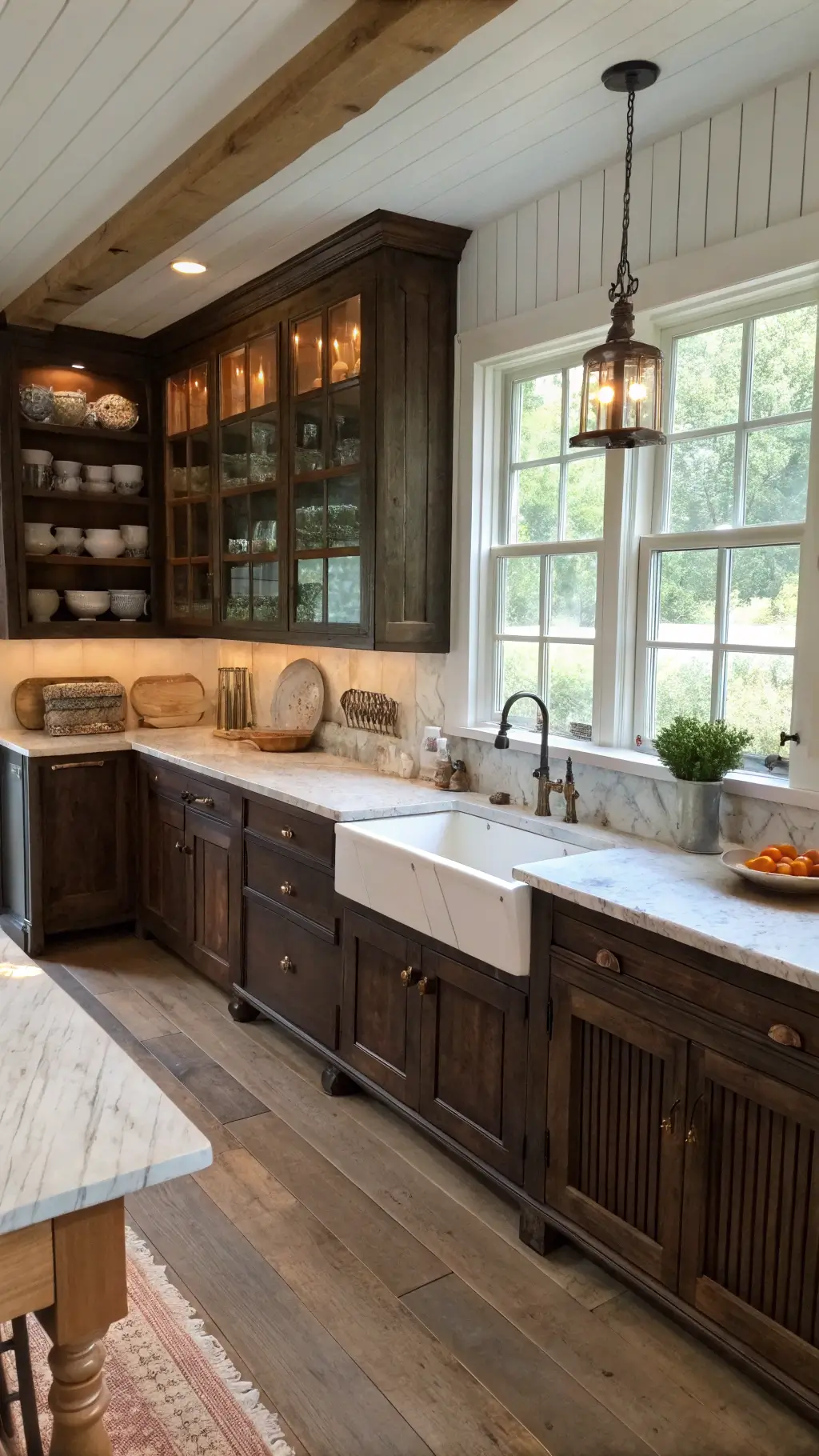 Cozy cottage kitchen with distressed dark oak cabinets, butcher block island, open shelving, and rustic pine floors in soft afternoon light.
