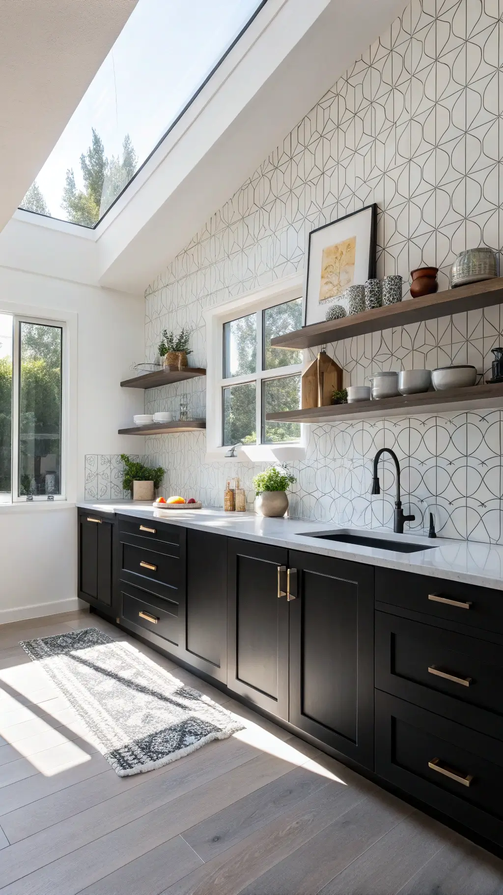 Bright studio kitchen with ebony cabinets, white counters, geometric tile backsplash, and artistic pottery on floating shelves, shot in high-key midday lighting.