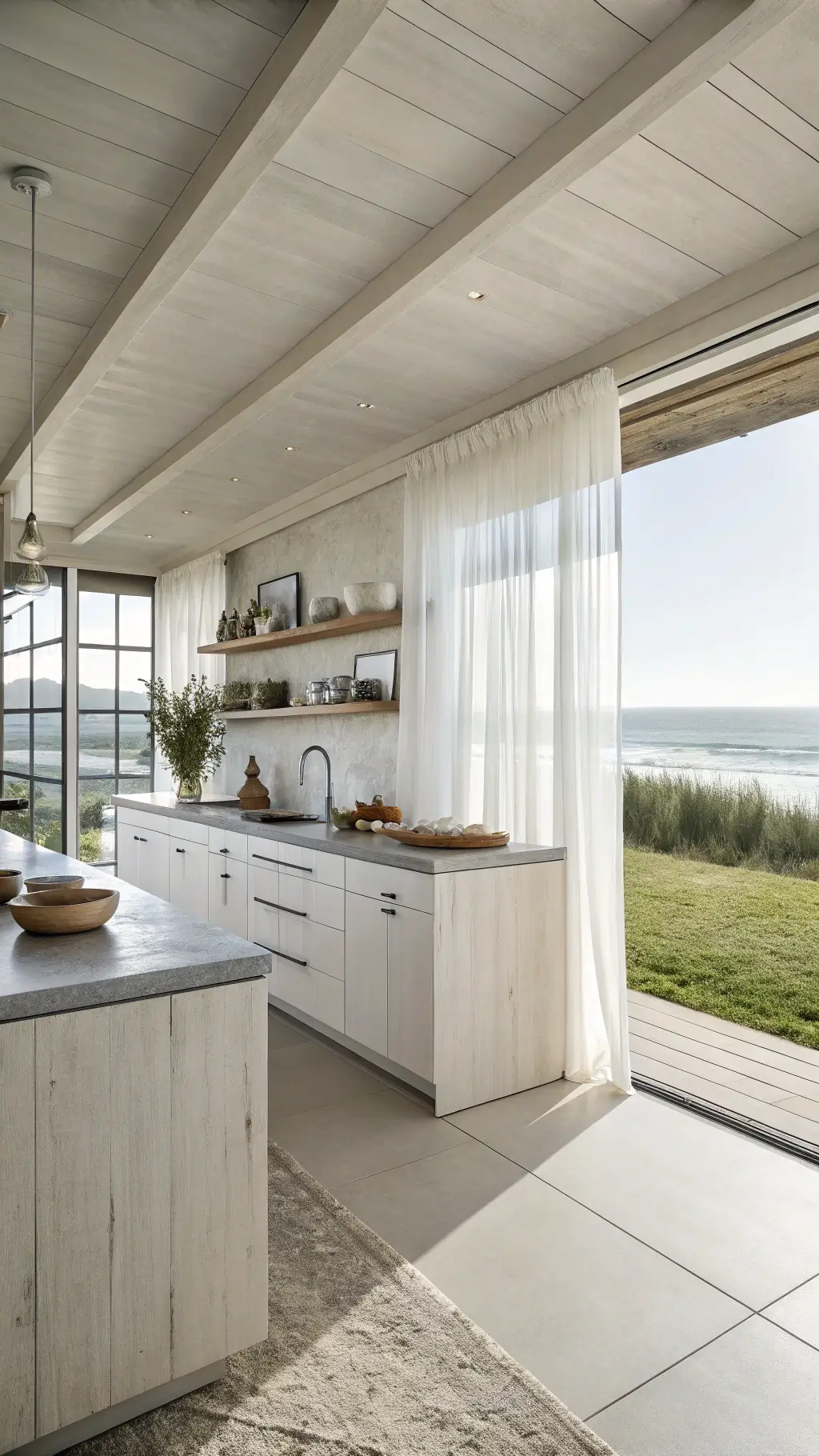 Minimalist coastal kitchen bathed in morning light with off-white cabinets, bleached oak shelves, sea grass runner, and pale-toned décor viewed from elevated corner angle.