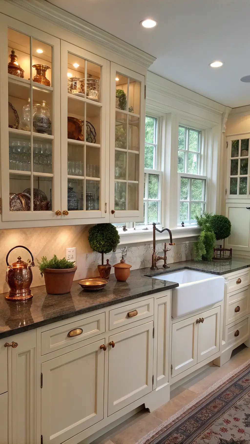 Traditional English kitchen with off-white cabinets, glass-front uppers, antique brass hardware, soapstone counters, and vintage accessories in soft overcast lighting.