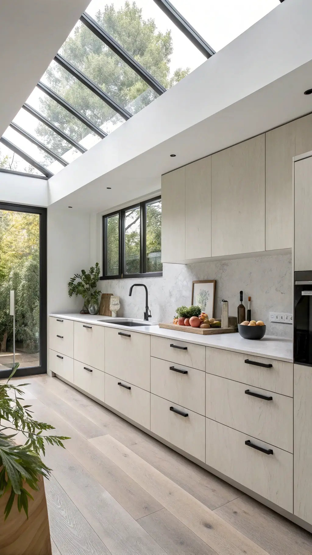 Low-angle view of a sleek Scandinavian kitchen with off-white slab-front cabinets, matte black hardware, pale wood details, and minimalist decor in diffused skylight.