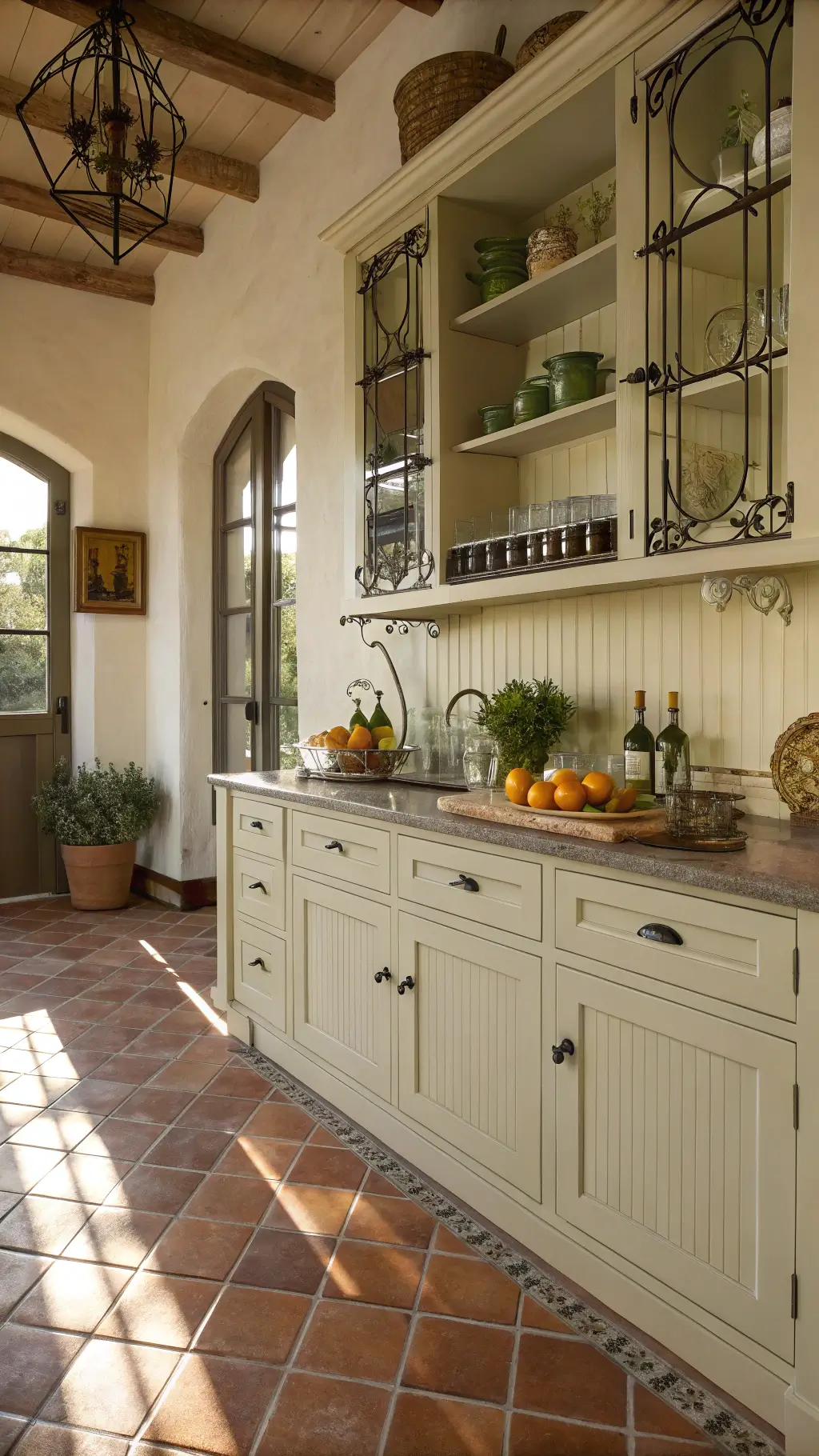 Mediterranean-inspired kitchen with off-white beadboard cabinets, terracotta tile floor, open shelves displaying pottery and olive oils, fresh citrus and herbs on counters, in warm late afternoon light.
