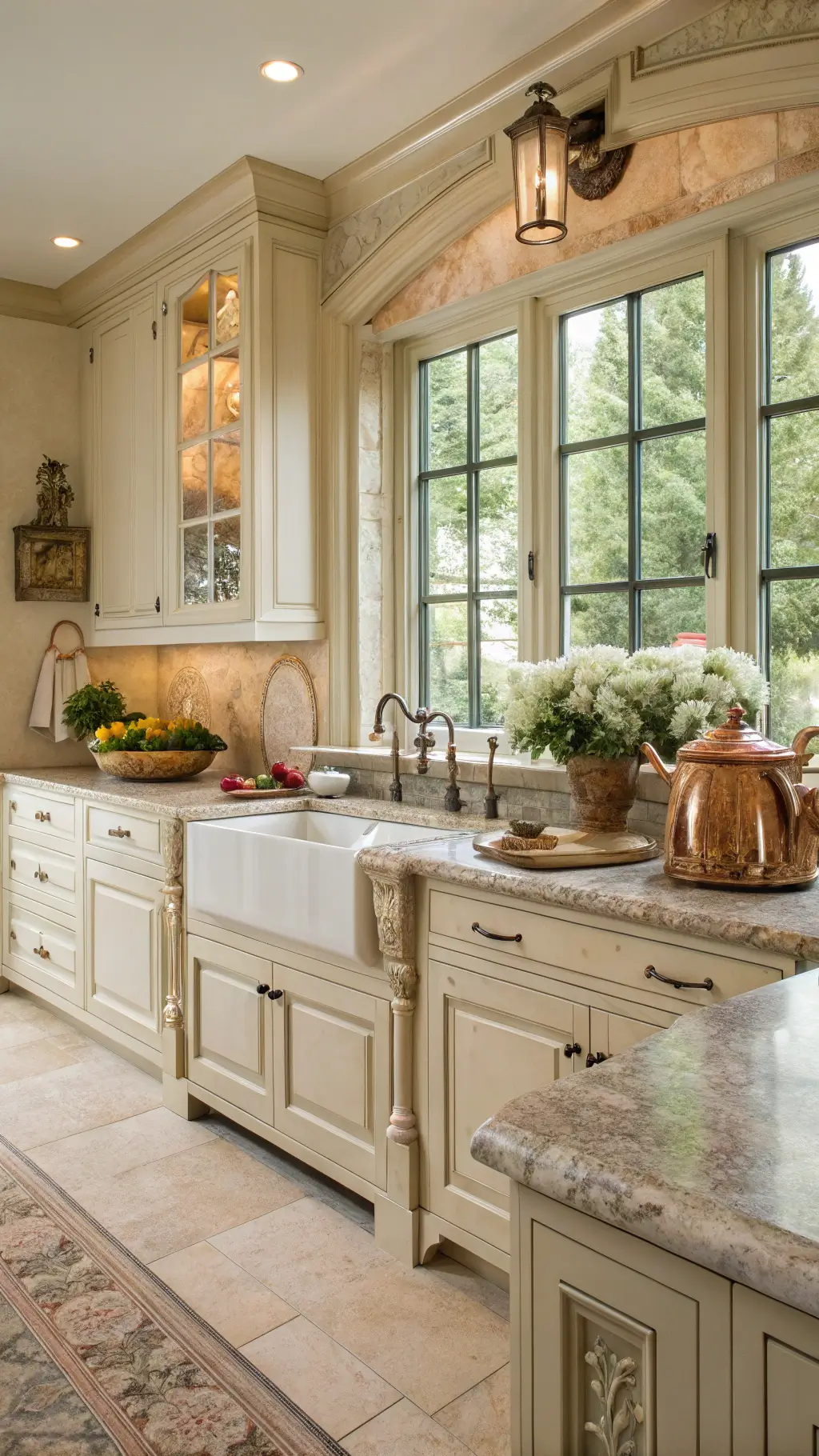 French country kitchen with off-white carved cabinets, farmhouse sink under sunlit garden windows, tumbled marble backsplash, limestone counters, and copper accents.
