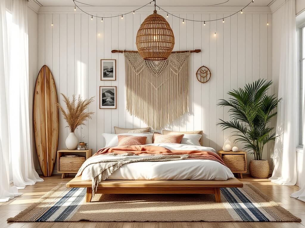 Coastal bohemian bedroom at golden hour with a teak platform bed, white linen bedding, coral-patterned pillows, and a macramé wall hanging. Soft natural light filters through sheer curtains, highlighting rattan and driftwood decor, potted palms, a weathered surfboard, and vintage rugs. A rattan pendant light casts intricate shadows, while a salt lamp adds a warm glow.