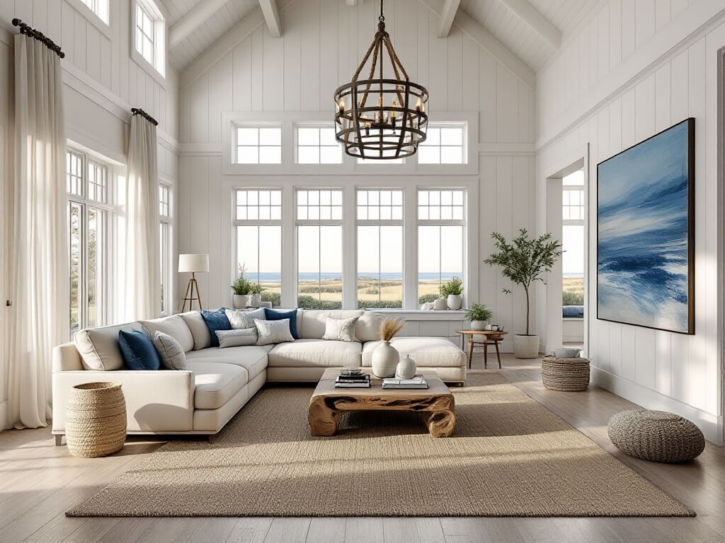 Airy coastal living room with 20ft cathedral ceilings, floor-to-ceiling windows, and sheer white linen curtains billowing in golden hour sunlight. Cream linen sectional with blue and sand-toned pillows, weathered driftwood coffee table, and massive jute rug on bleached oak hardwood floors. White board and batten walls, oversized abstract seascape artwork, rope chandelier, brass accents, and built-in window seats create a serene Hamptons-inspired space.