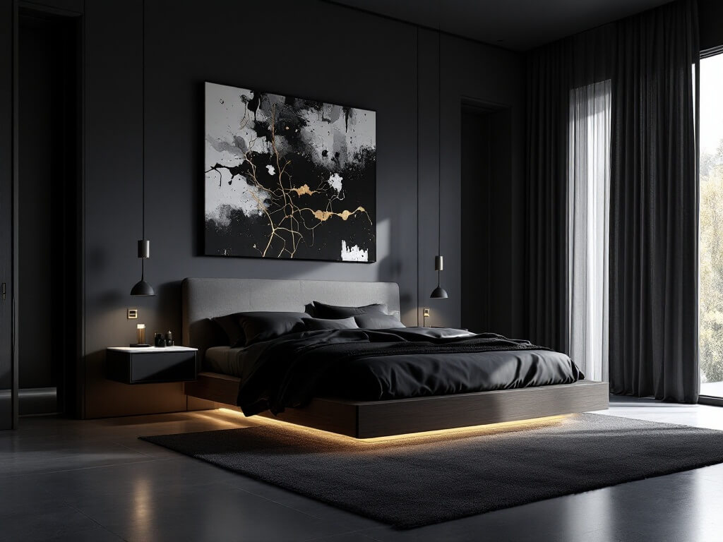 Dark minimalist bedroom with matte navy walls, an espresso-stained oak platform bed with under-lighting, black silk bedding, floating blackened steel nightstands with white marble tops, an oversized black-and-gold abstract canvas above the bed, polished concrete floors, a plush charcoal area rug, and early morning light filtering through charcoal linen curtains, creating a moody, cinematic atmosphere.