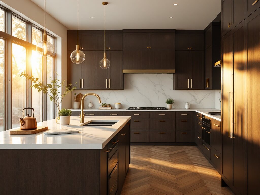 Luxurious dark wood kitchen with white quartz countertops, brass accents, and warm golden hour sunlight.
